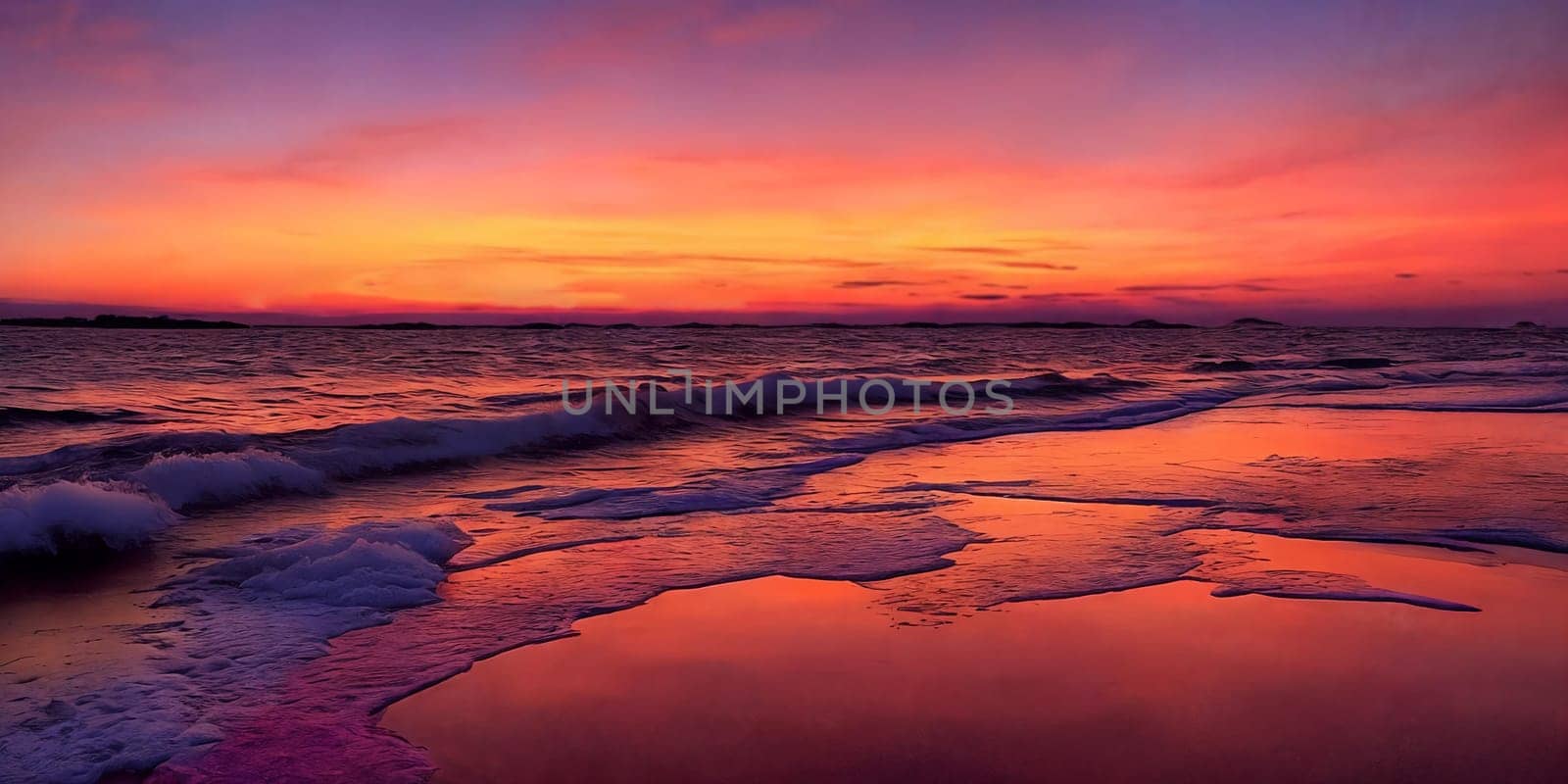 Sunset over the sea, waves on the foreground, panorama