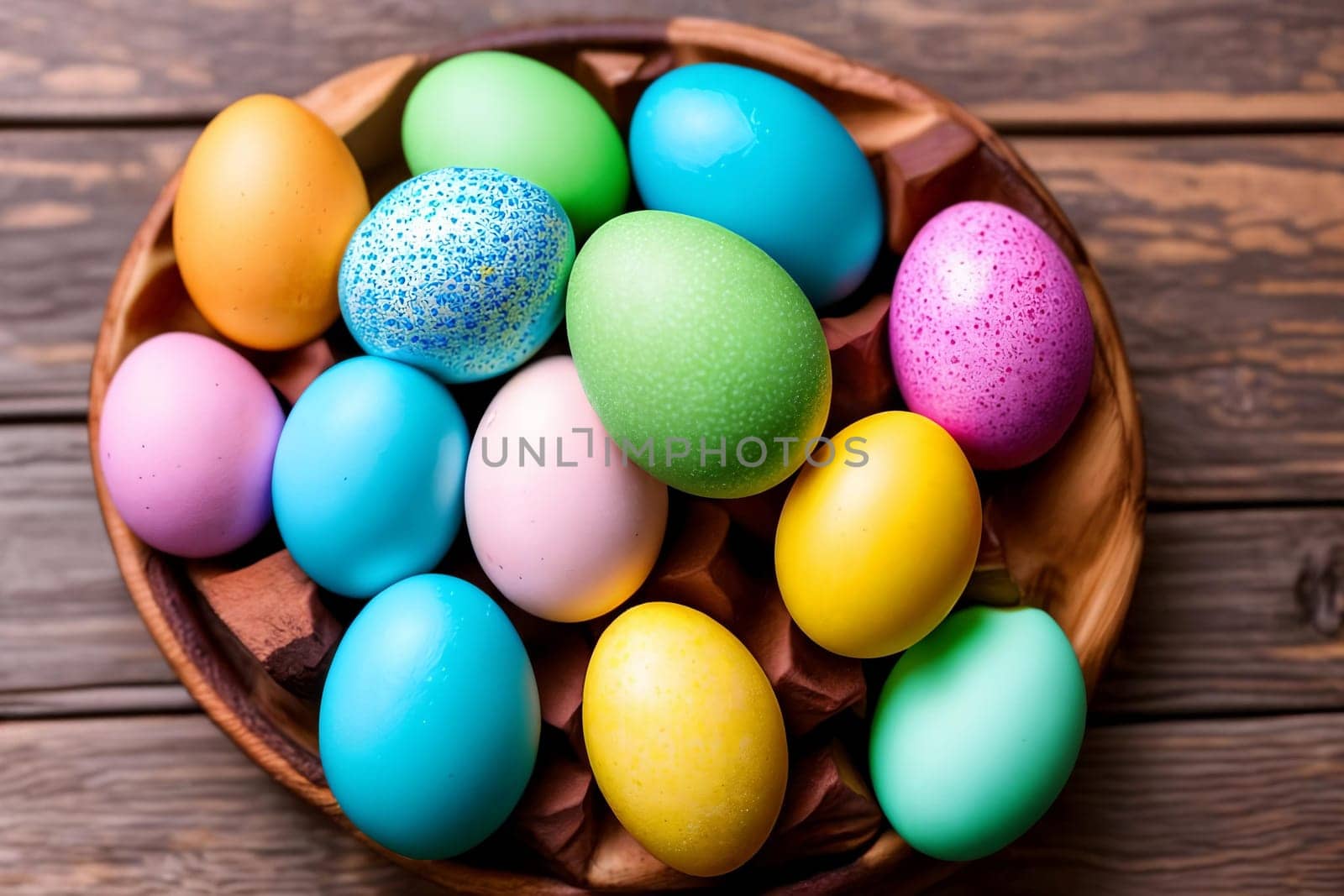 Vibrant Easter Eggs. A close-up image of colorful and intricately decorated Easter eggs arranged in a beautiful pattern on a rustic wooden background, emphasizing the unique designs and textures.