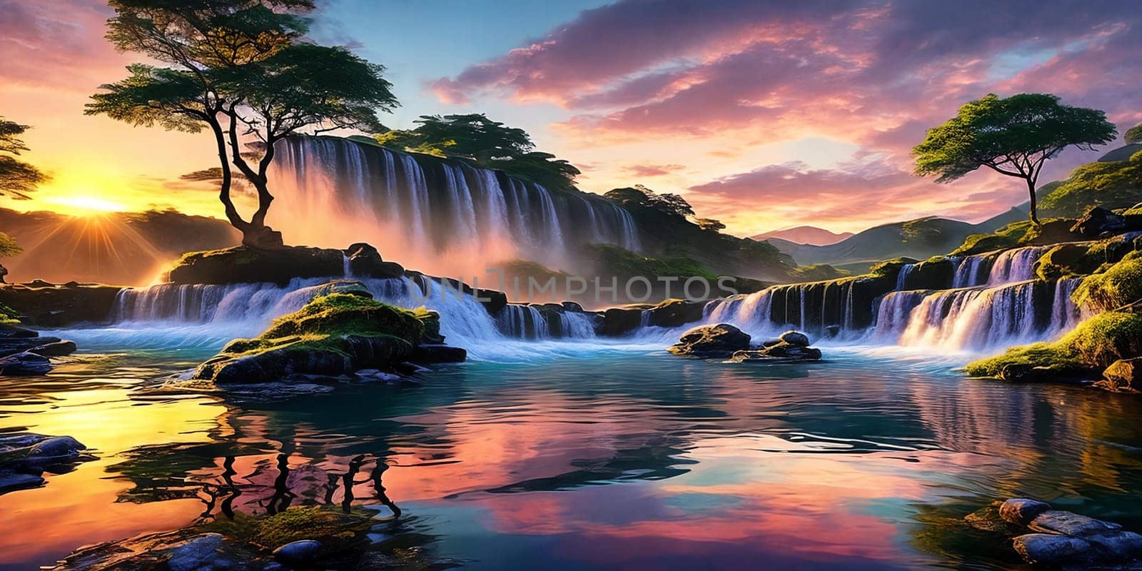 Waterfall reflecting the colors of the sunset in its shimmering waters, creating a mirror-like effect that adds depth and visual interest to the illustration.