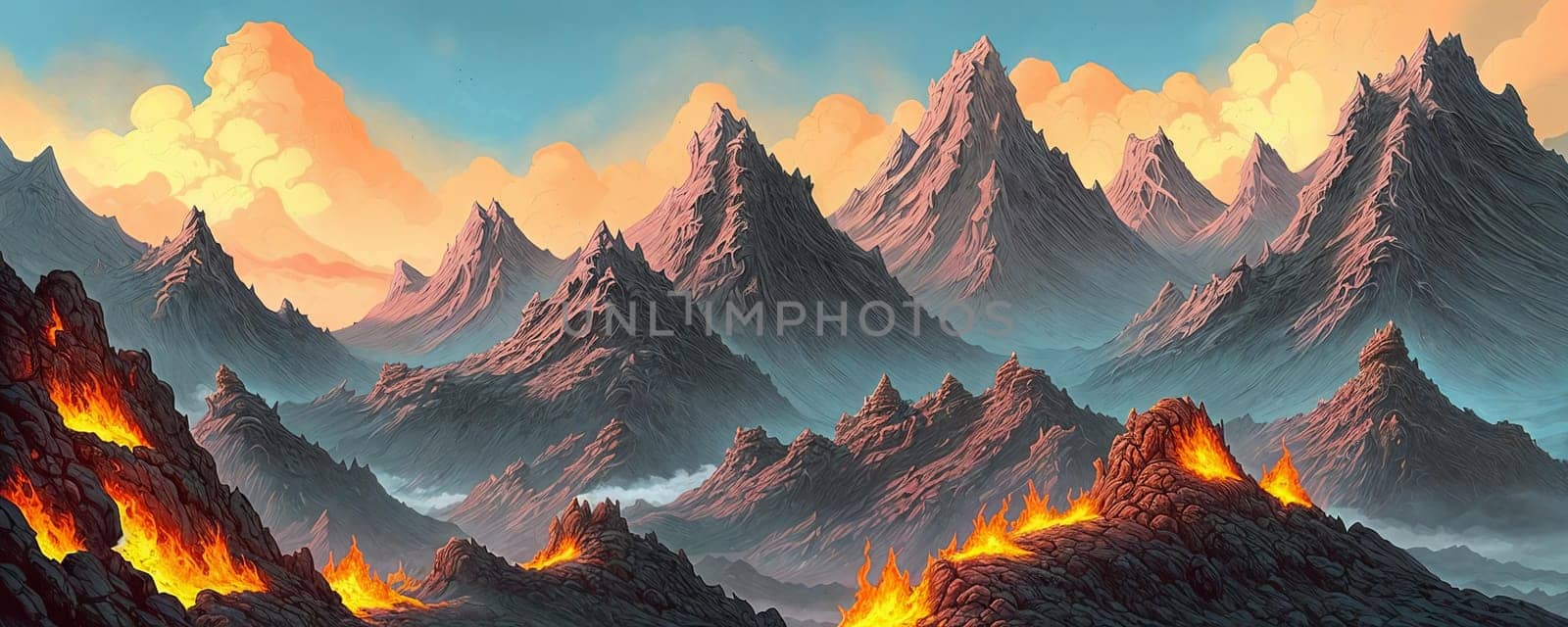 Dragons lair. Rugged grandeur of towering mountains, fierce crags, and treacherous cliffs. Sense of peril and majesty by including sizzling lava flows, billowing smoke, and the glint of colossal dragon scales.