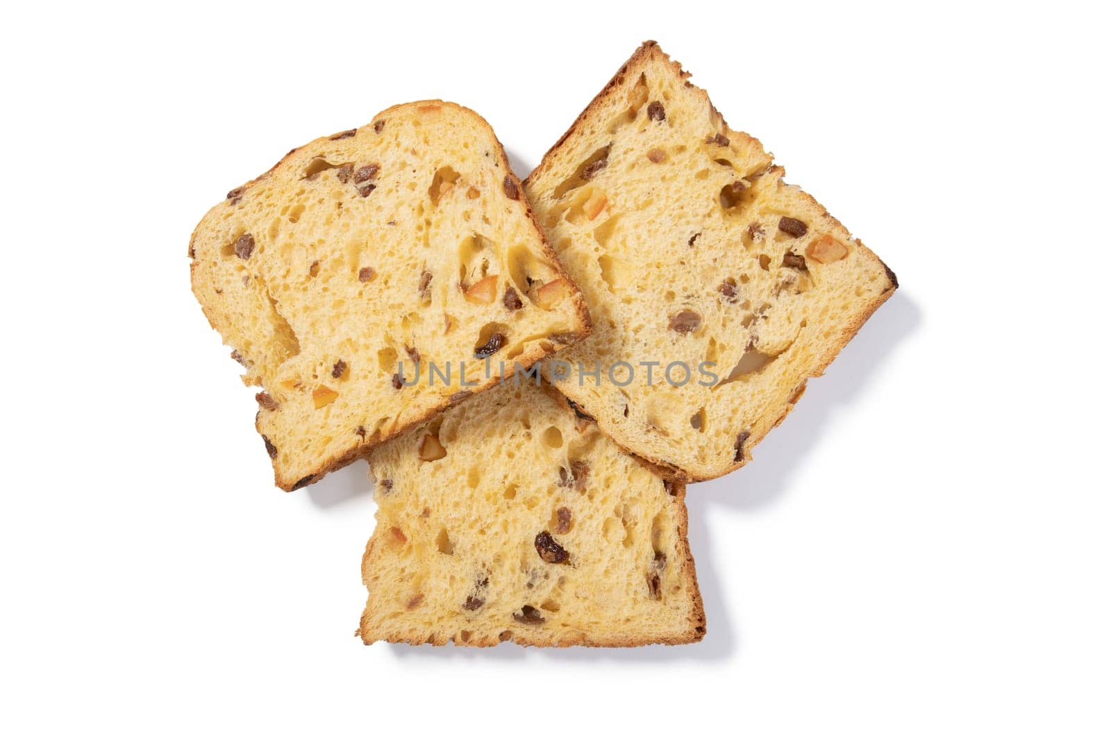 Delight in the elegance of three classic panettone slices, each showcasing the rich texture and festive flavor of this traditional Italian sweet bread, presented in a beautiful arrangement on white