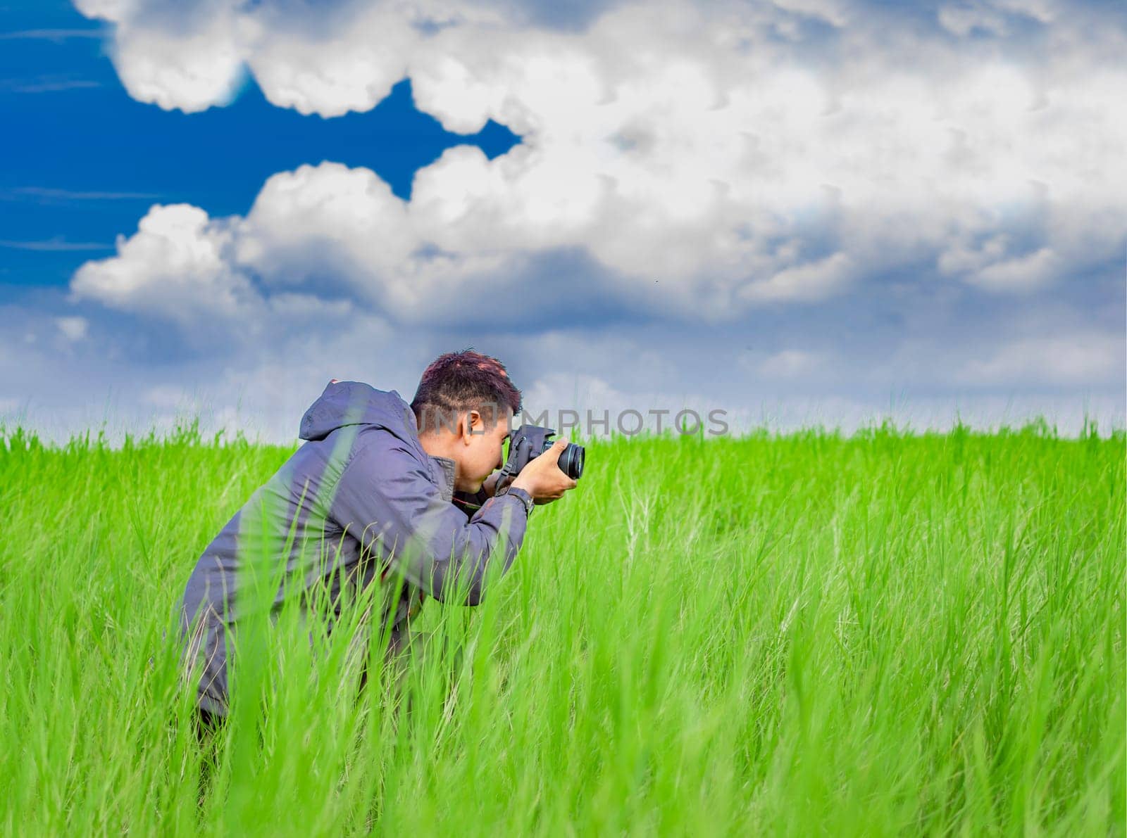 Man taking picture with camera in the field, photographer in the field taking a picture, Latino man in a green field taking a picture