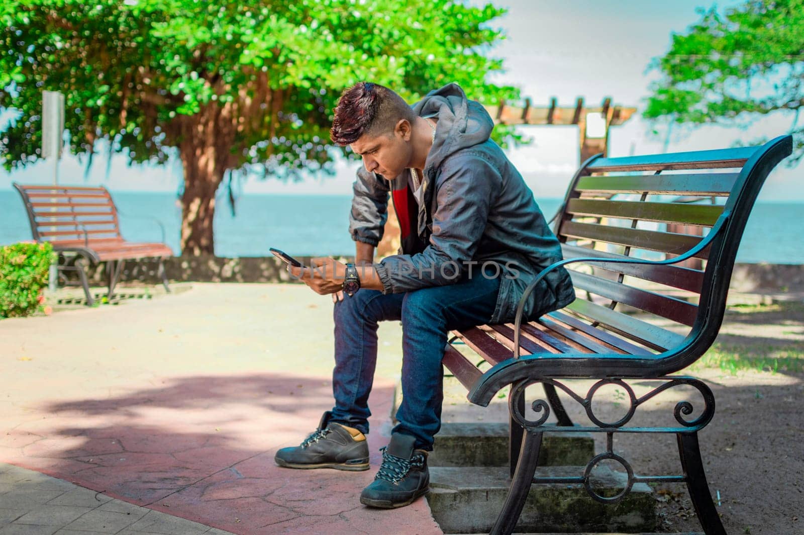 man sitting on a bench checking his phone, young man checking his cell phone sitting on a bench