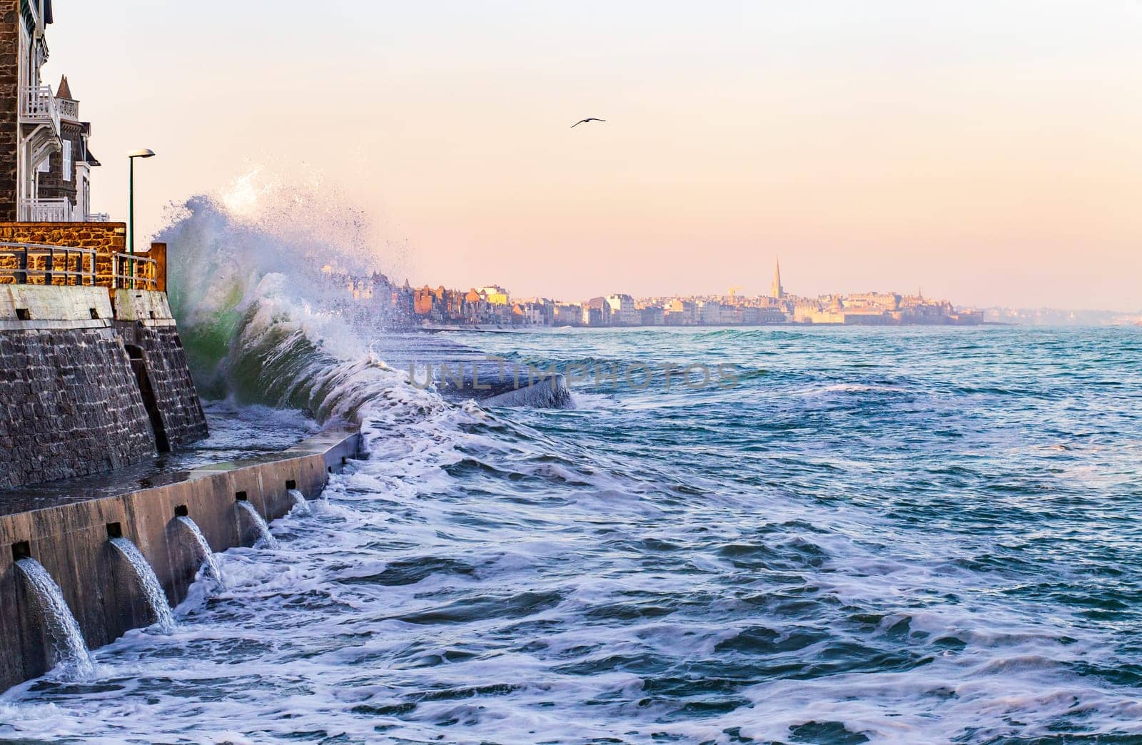 Agitated sea during high tides in Saint-Malo, France in February 2019