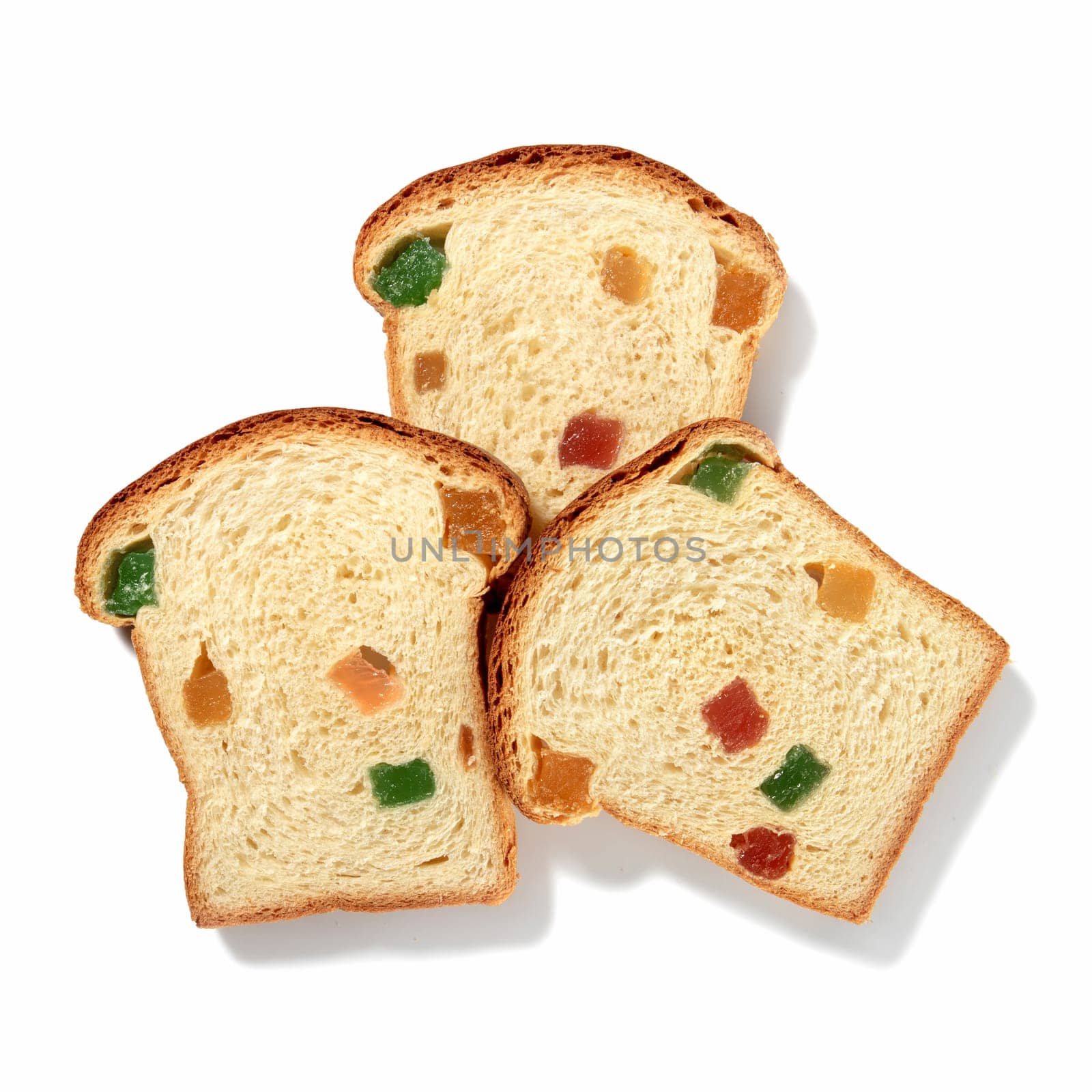 Savor the irresistible charm of three sweet bread slices filled with Turkish delight, each offering a symphony of flavors and a burst of colorful delight, elegantly presented against white backdrop