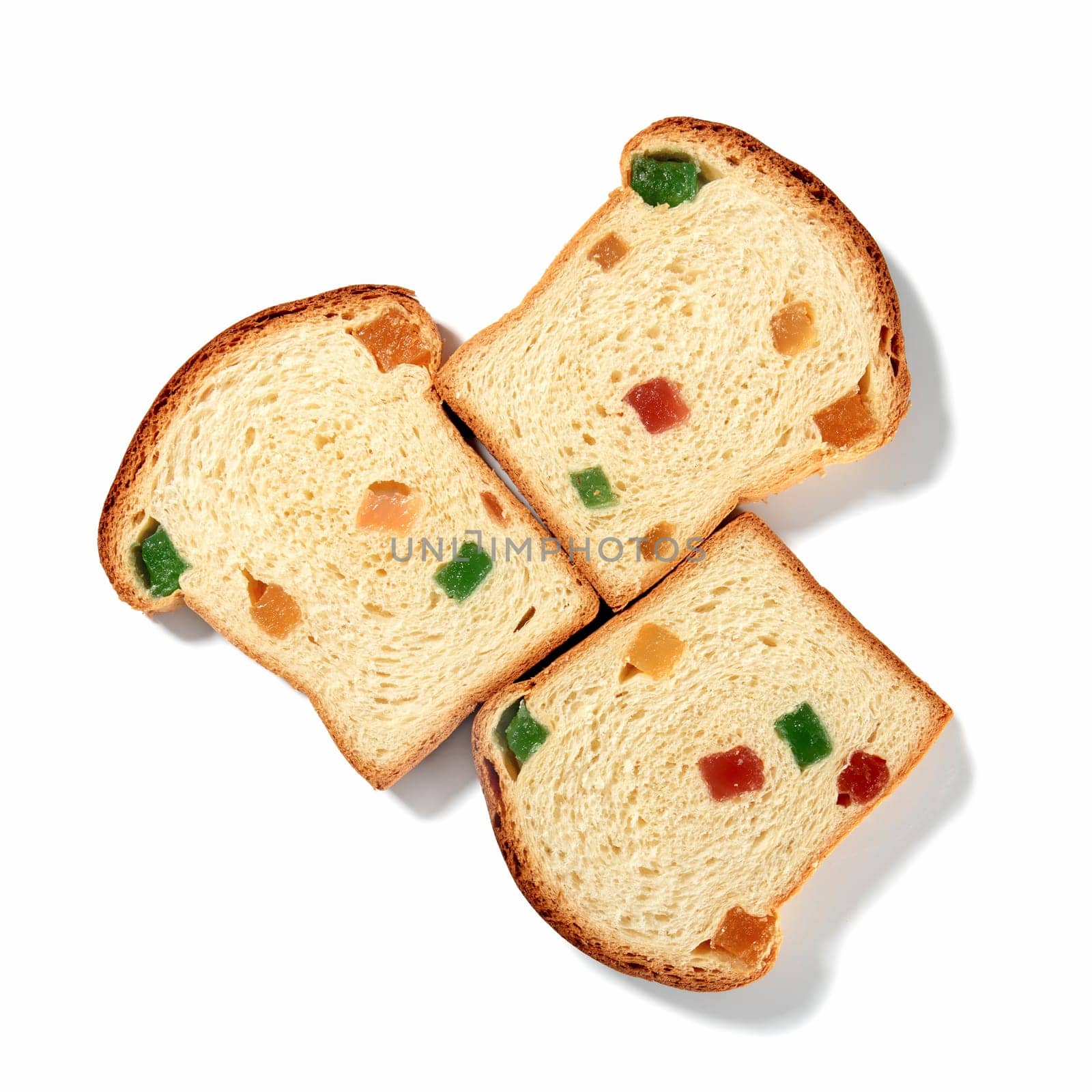 Treat yourself to three of sweet bread slices filled with Turkish delight, each slice bursting with vibrant colors and delightful flavors, beautifully arranged against a clean white backdrop.
