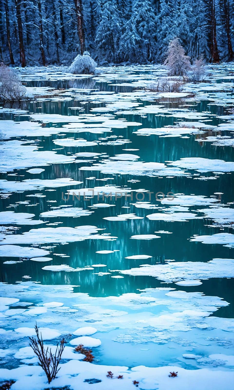 Frozen Fairy Pond. In the heart of a snow-covered forest, a pond lies frozen. Delicate frost patterns adorn its surface, and beneath the ice, mythical creatures slumber.The stillness and magic of winter.