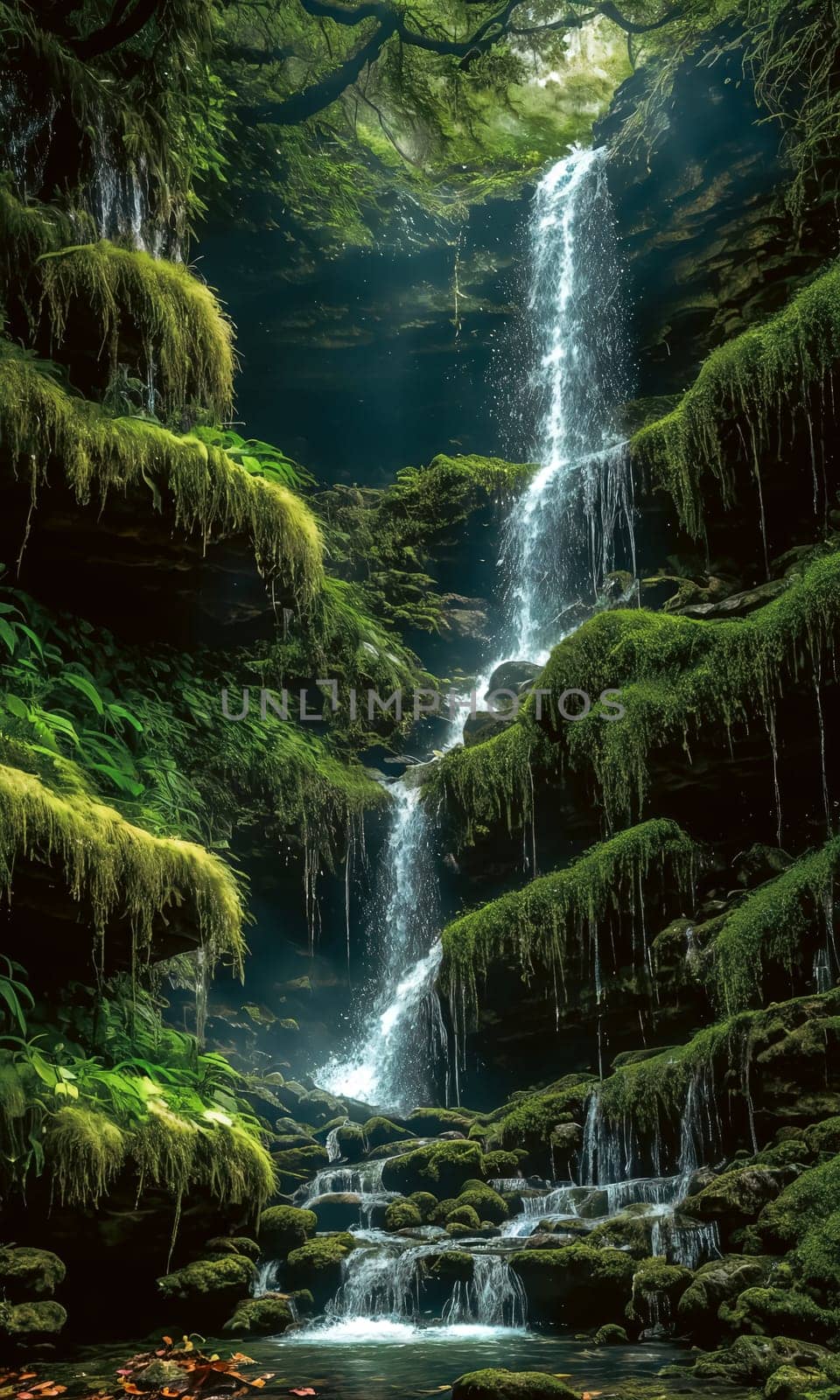 Enchanted Waterfall. A waterfall cascades down moss-covered rocks, revealing a secret grotto behind its veil. Crystal-clear water sparkles with hints of magic, and colorful flowers bloom along the banks.