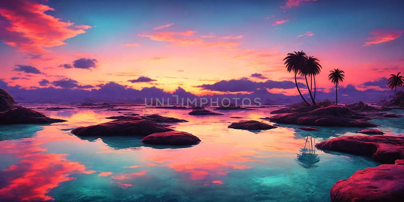 Sunset paints the sky in hues of pink and blue over a tranquil sea, palm trees lining the shore on Paradise fantasy planet.