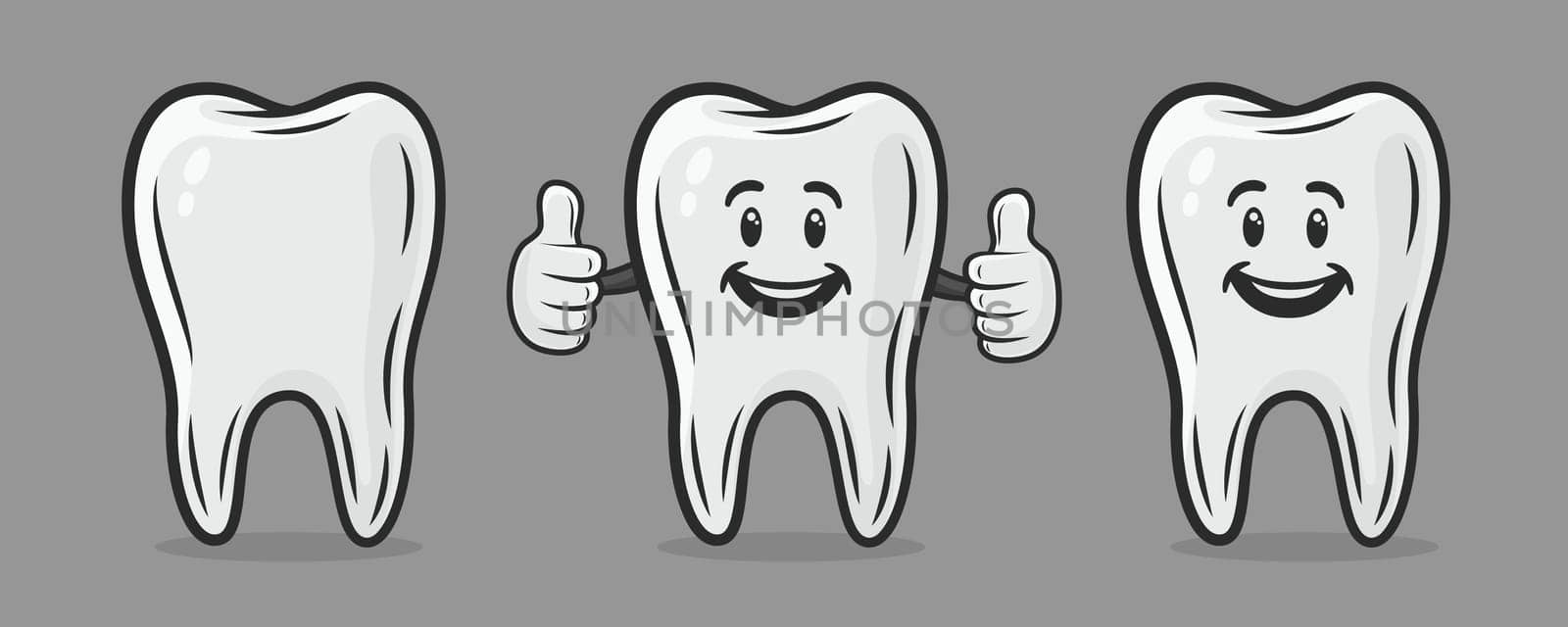 Vector Cute and Friendly Cartoon Tooth Character. Design Template for Promoting Dental Care and Toothpaste. Healthy Oral Hygiene Concept. The Smiling Tooth Character Showing Hand Gesture LIKE.