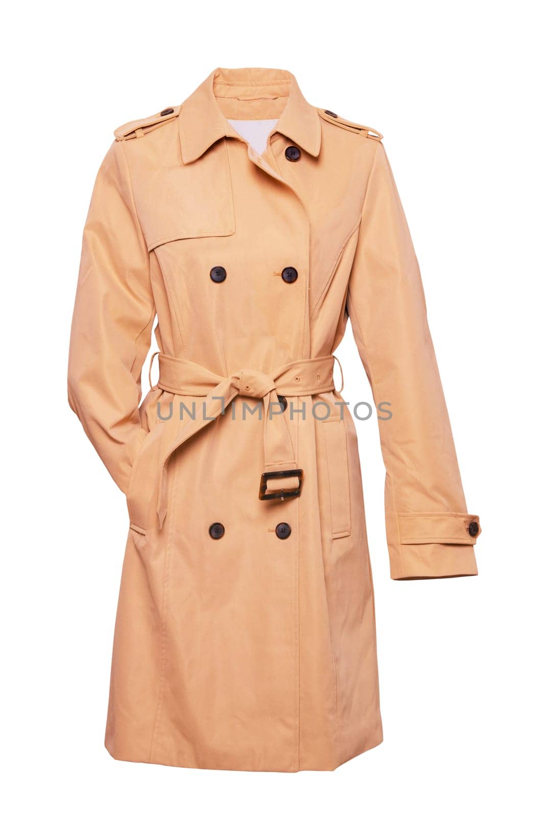 Woman trench coat. A luxurious and stylish elegant female light beige trench coat on mannequin isolated on a white background. Clipping path. Spring and summer fashion.