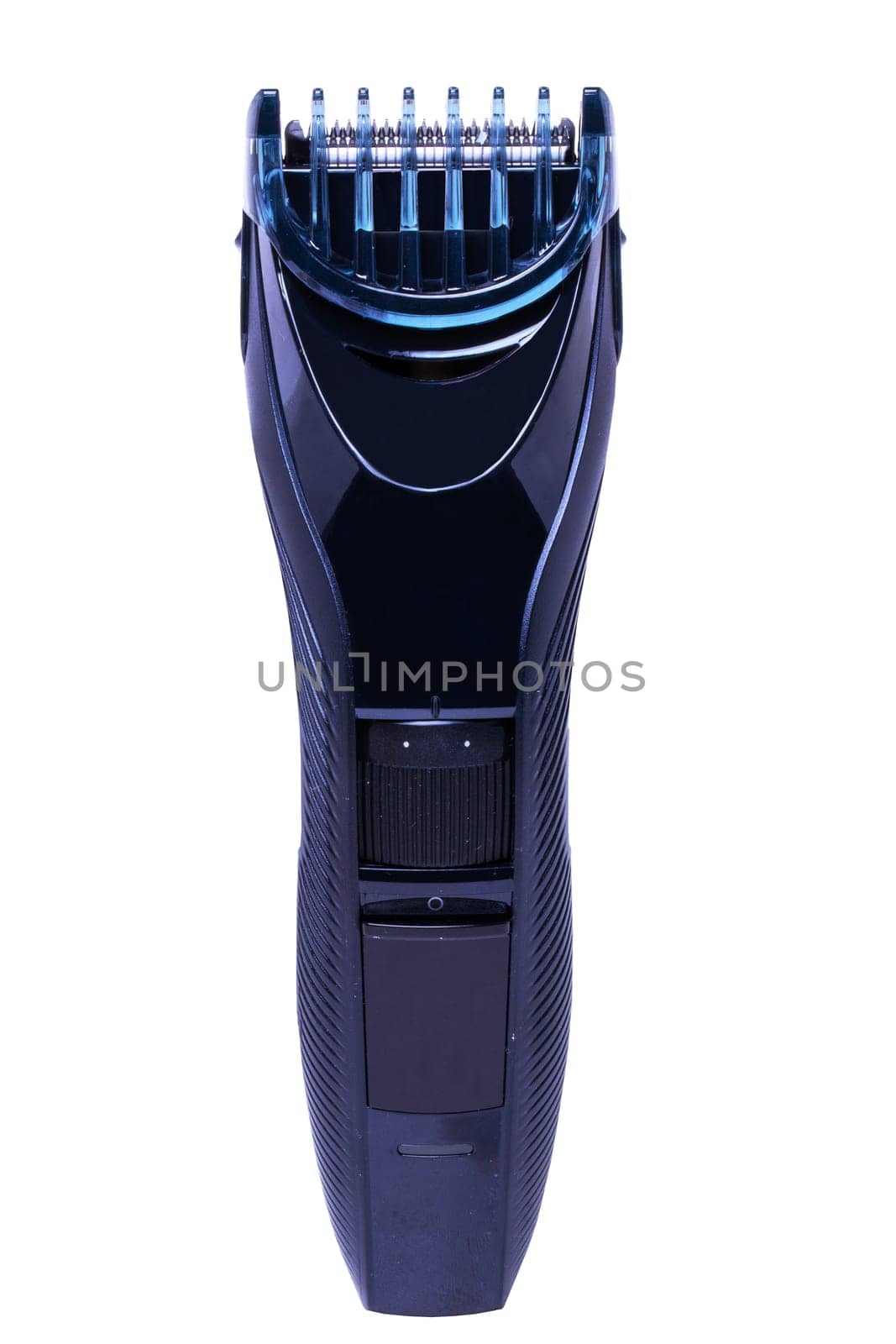 Close-up of a new blue silver rechargeable beard and hair clipper isolated on white. Cordless hair and beard trimmer. Macro.