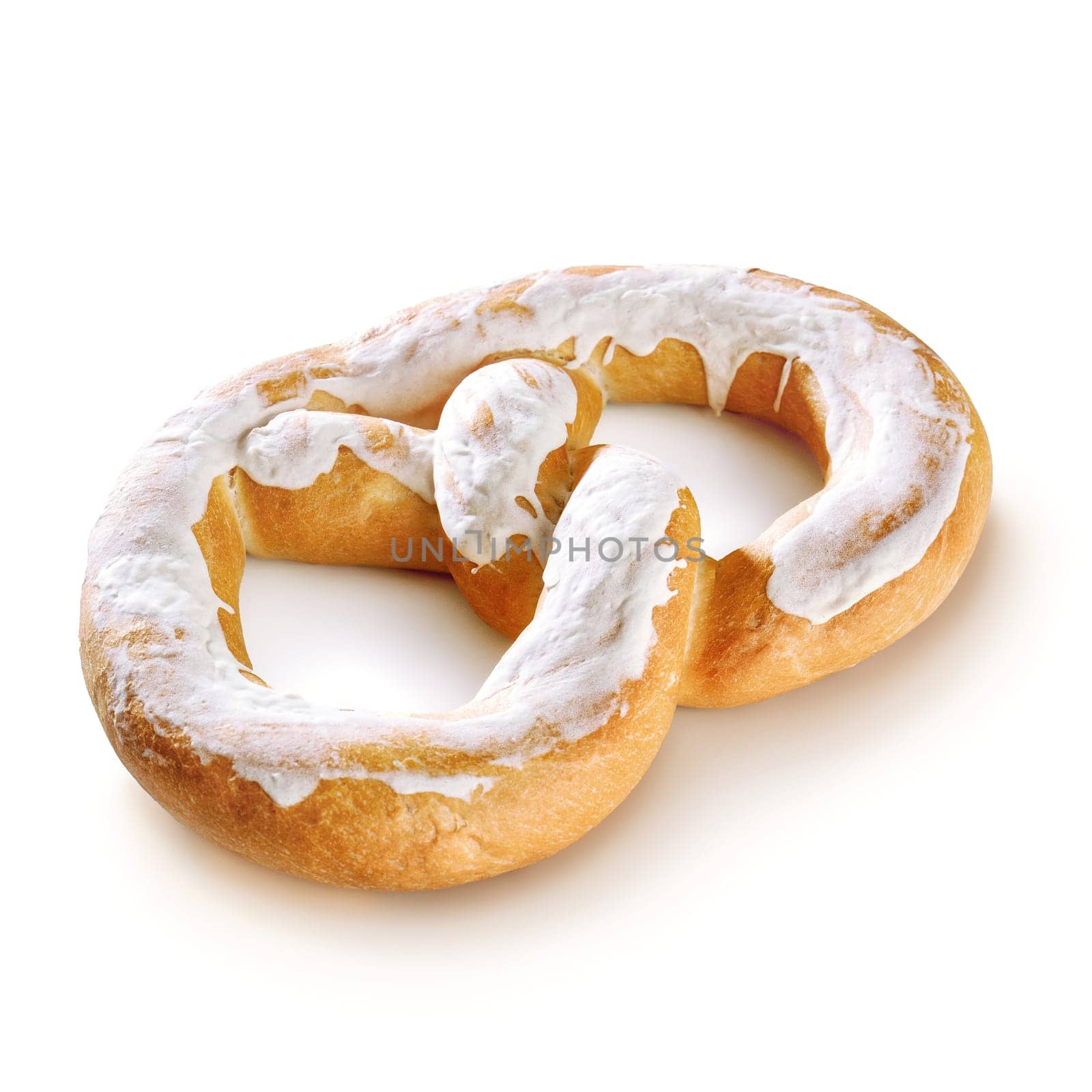 Enjoy the simplicity of a single salted pretzel, with its golden-brown crust and savory aroma, set against a clean white backdrop.