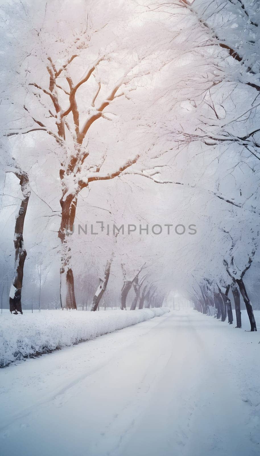 Snowy winter road in a mountain forest. Beautiful winter landscape.