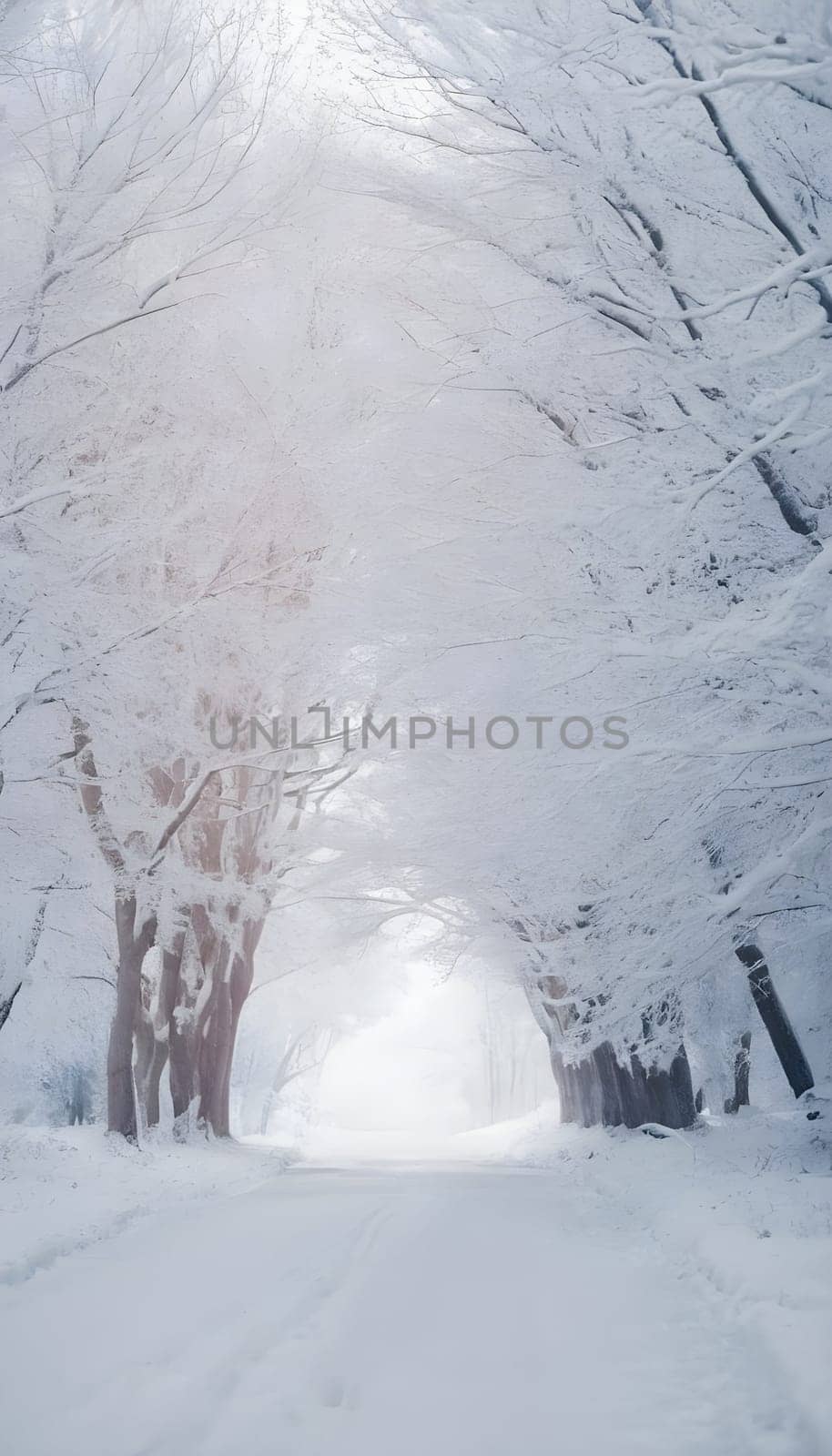 Snowy winter road in a mountain forest. Beautiful winter landscape.