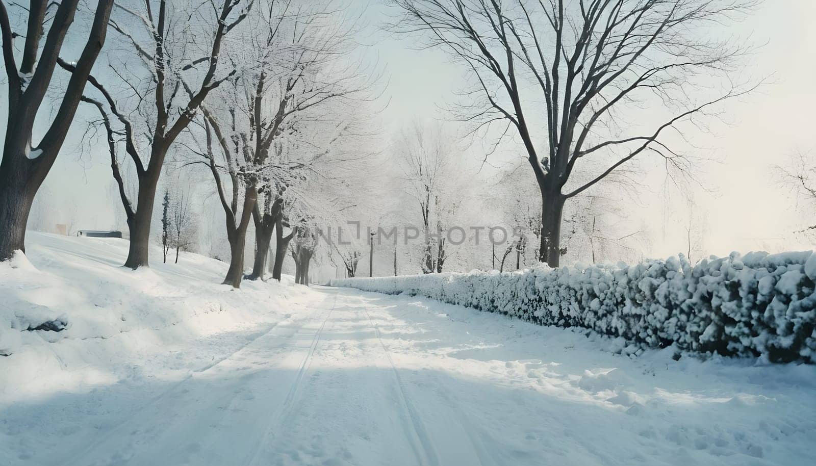 Snowy winter road in a mountain forest. Beautiful winter landscape.