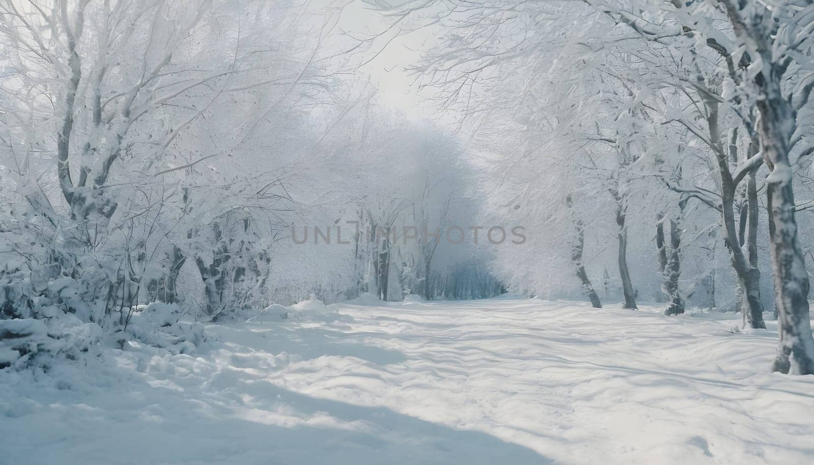 Snowy winter road in a mountain forest. Beautiful winter landscape.