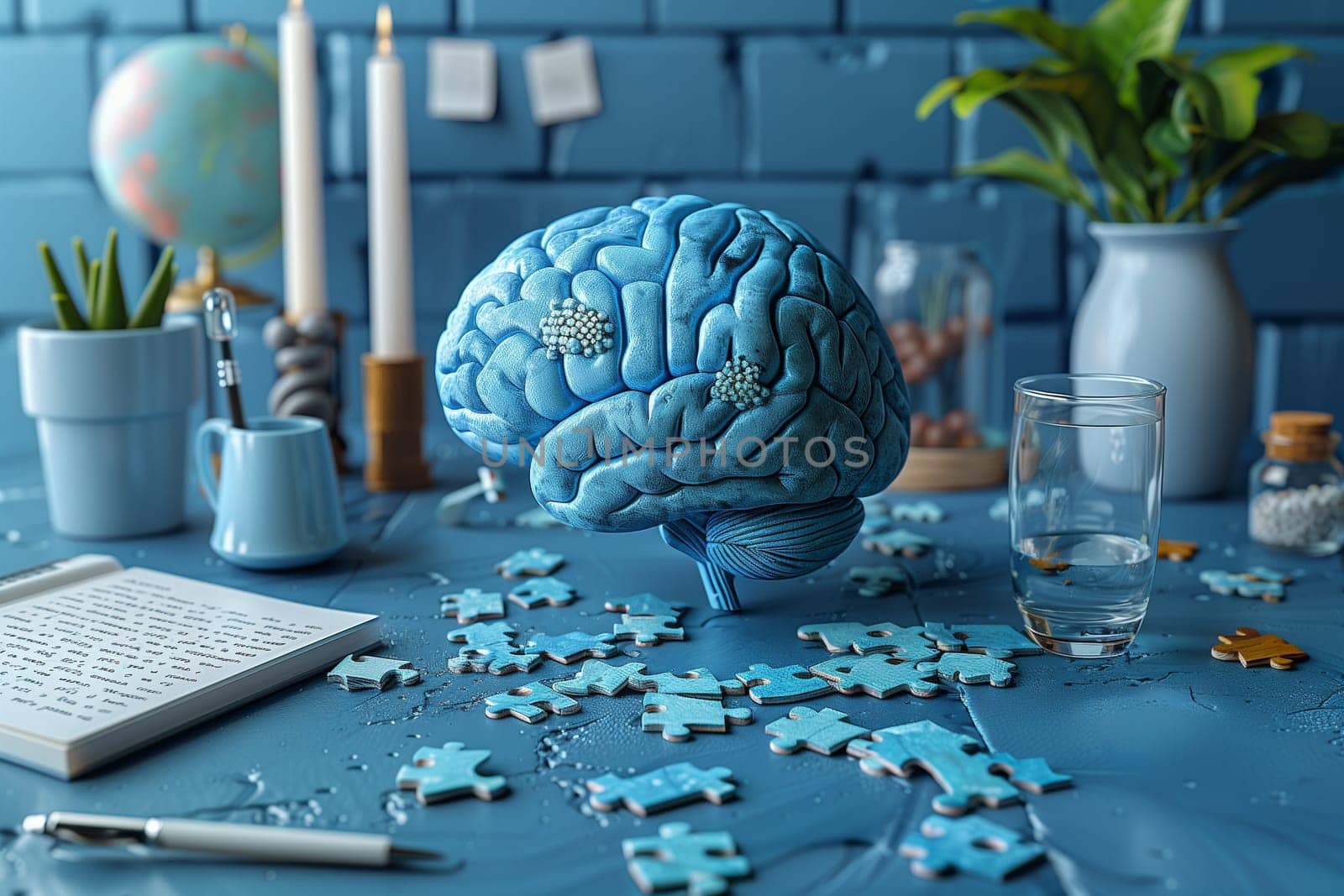 Brain with puzzle pieces on a desk, creative mind, exploding brain full of ideas and imagination, education and innovation concept