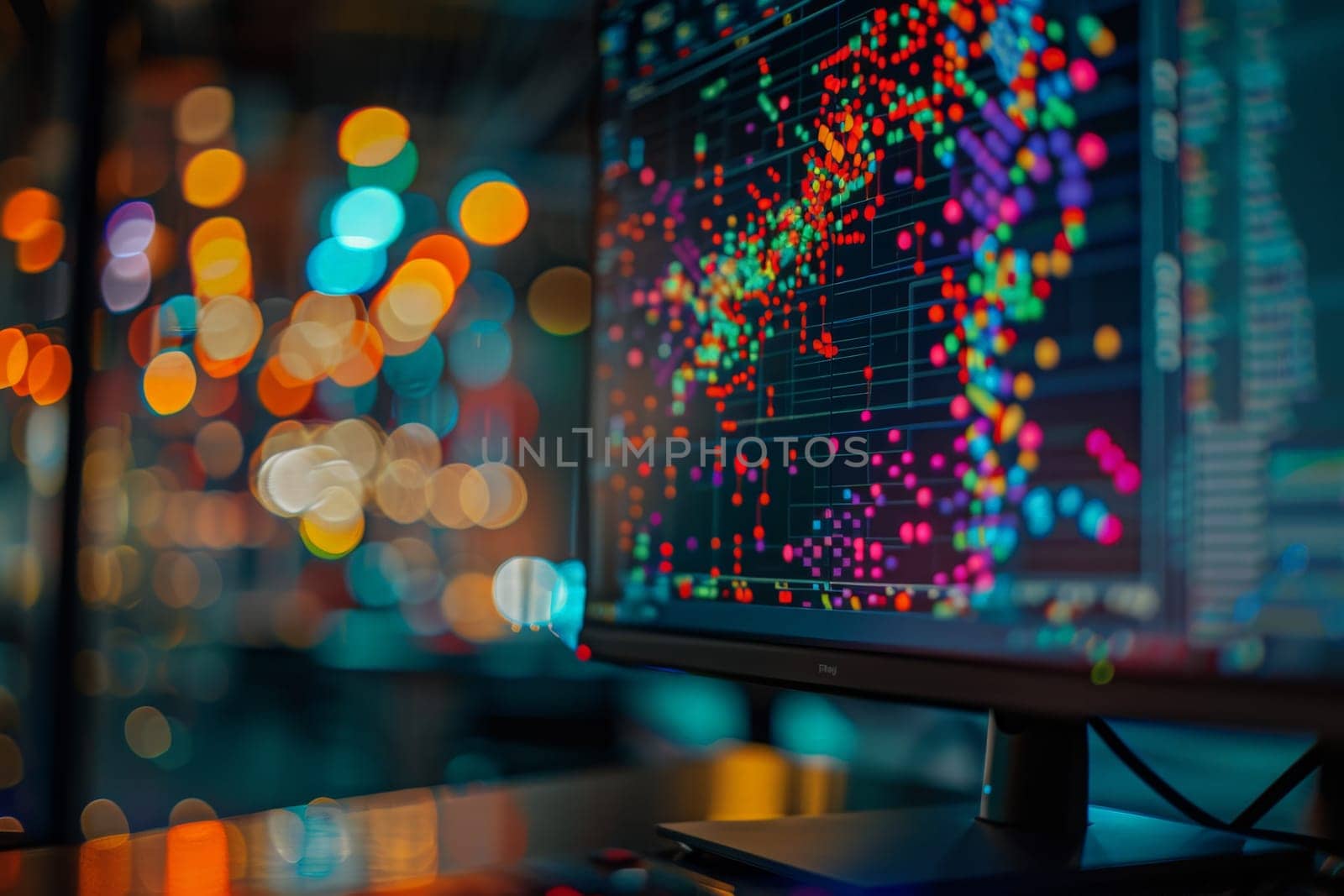 A computer monitor emits a vibrant and colorful visualization on top of a desk, creating a futuristic and mesmerizing display.