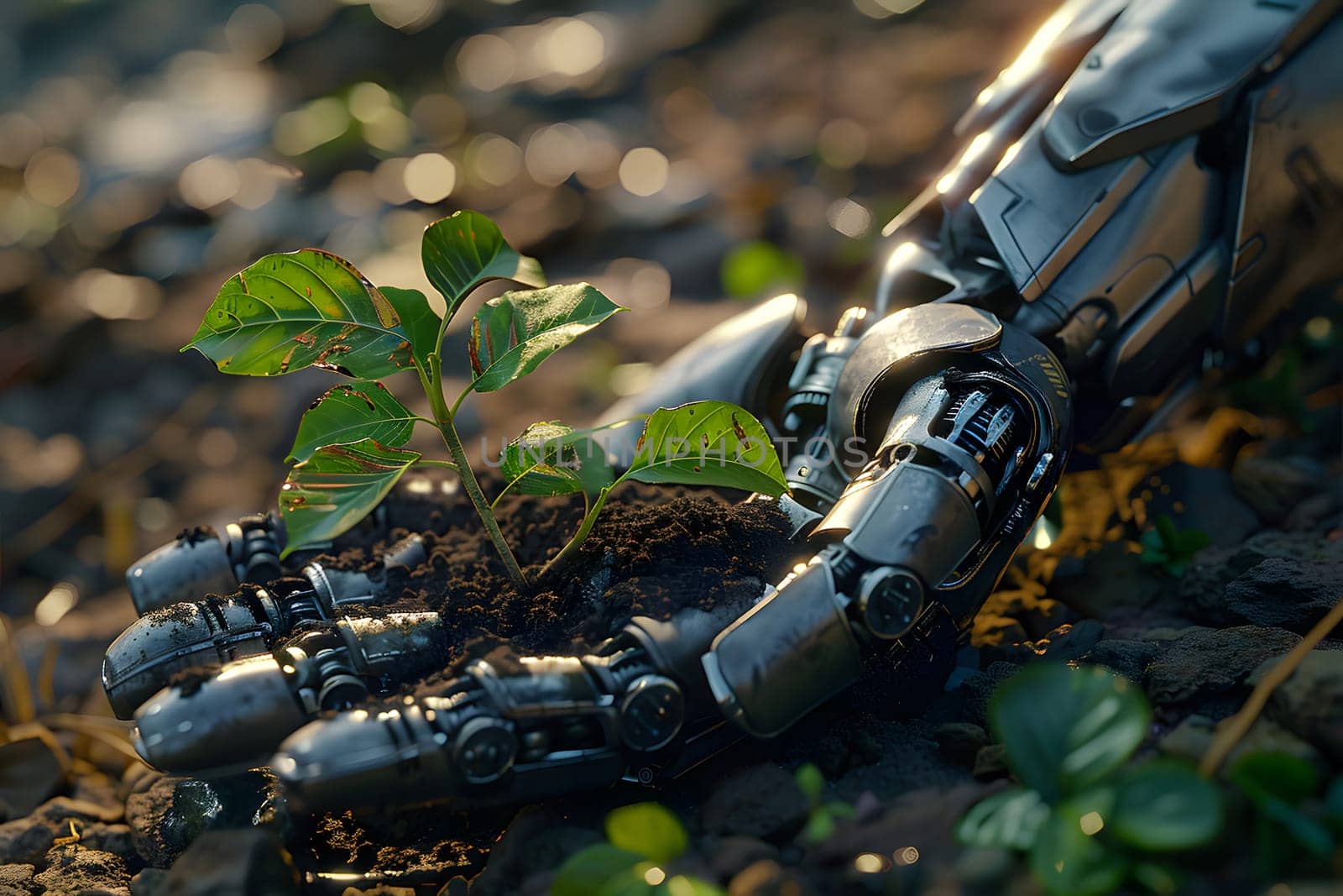 Metal hands, soil and young seedling, symbolizing the combination of nature and technology that can work together for sustainable development or our hope that technology will make human life better.
