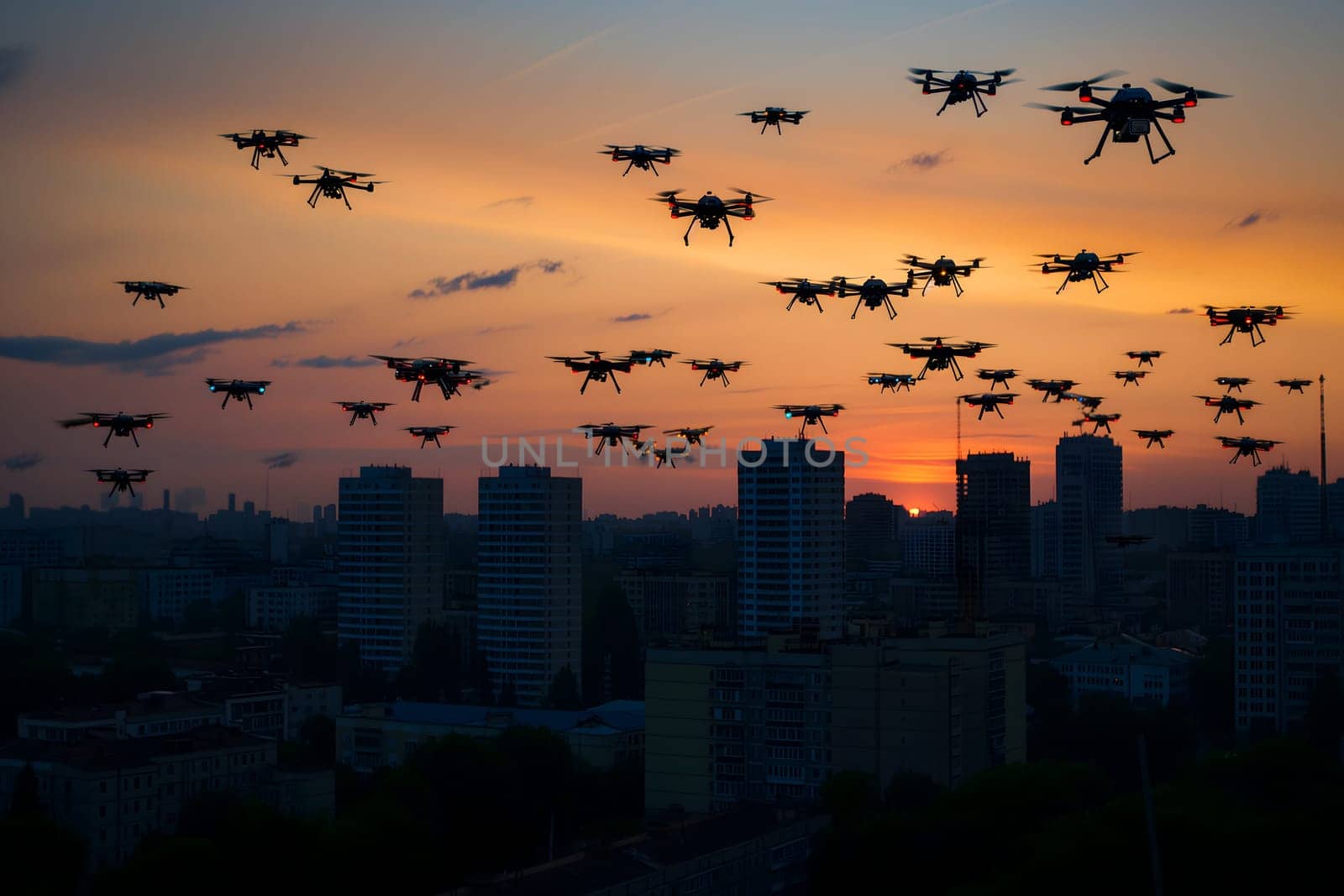 Group of drones over city at summer morning. Neural network generated image. Not based on any actual scene or pattern.