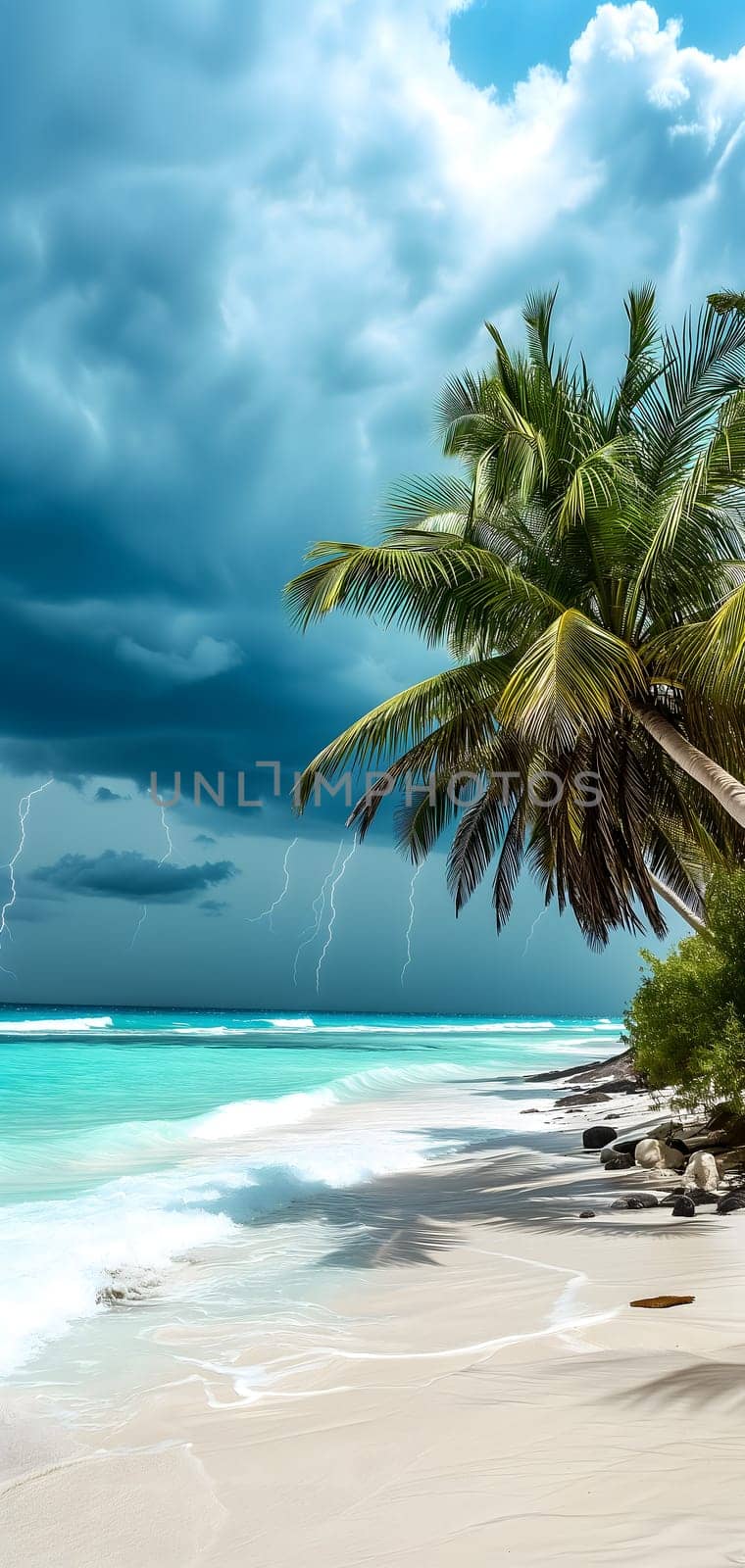 tropical beach view at cloudy stormy day with white sand, turquoise water and palm trees. Neural network generated image. Not based on any actual scene or pattern.