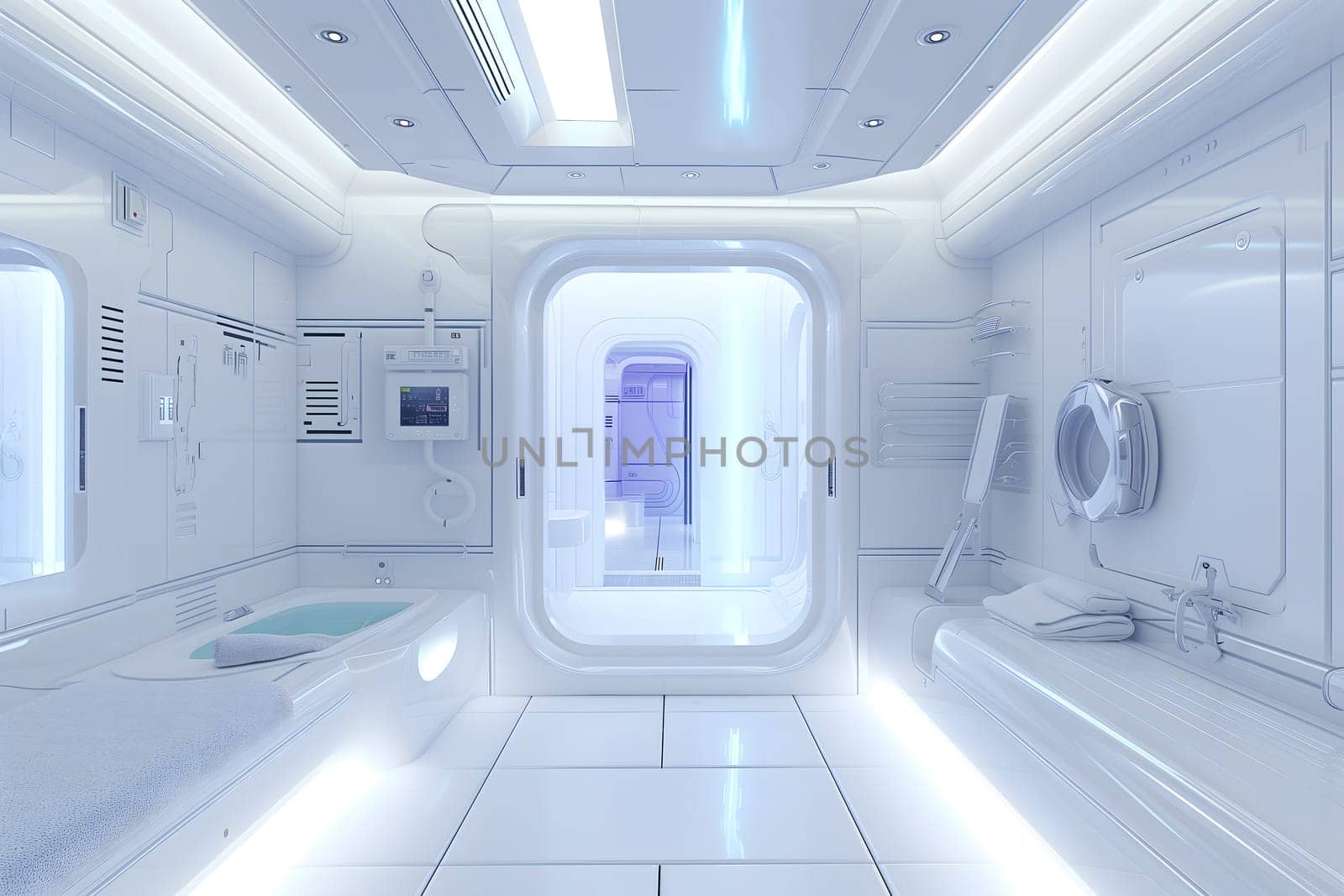 futuristic clean white space station style interior of bathroom. Neural network generated image. Not based on any actual scene or pattern.