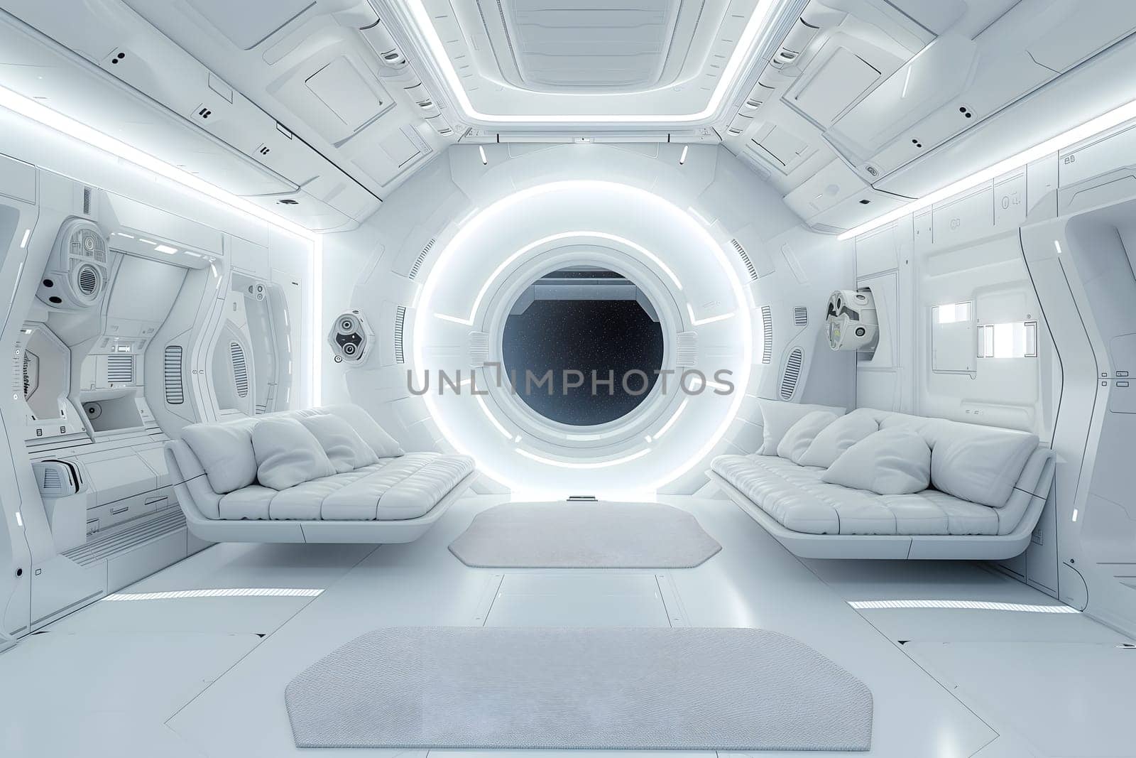 futuristic clean white space station style interior of living room. Neural network generated image. Not based on any actual scene or pattern.
