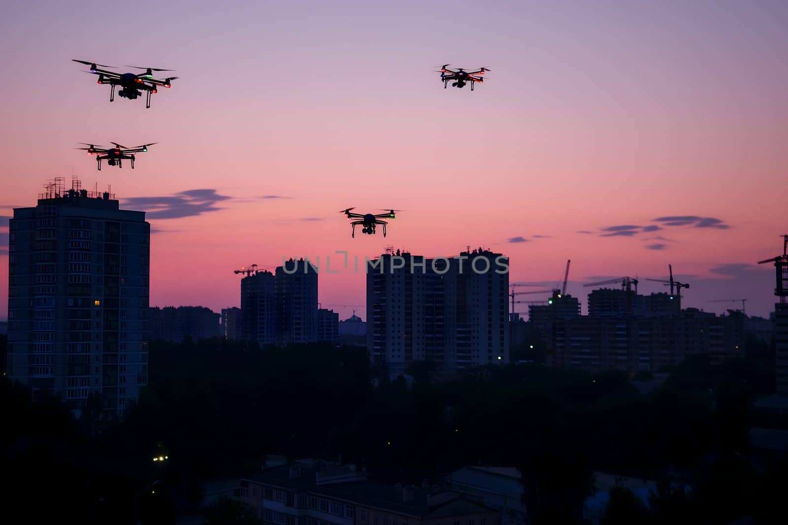 Group of drones over city at summer morning. Neural network generated image. Not based on any actual scene or pattern.
