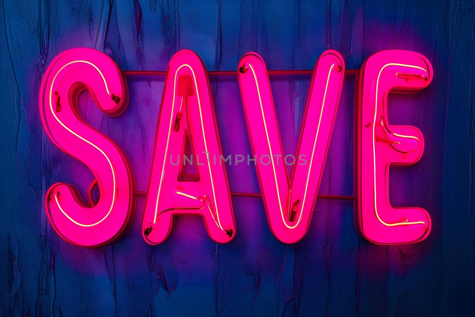 Neon word save on dark shabby wall. Neural network generated image. Not based on any actual scene or pattern.