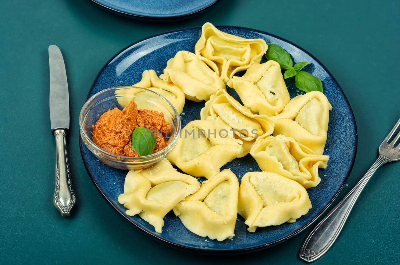 Tortelloni stuffed with ricotta cheese and basil pesto.