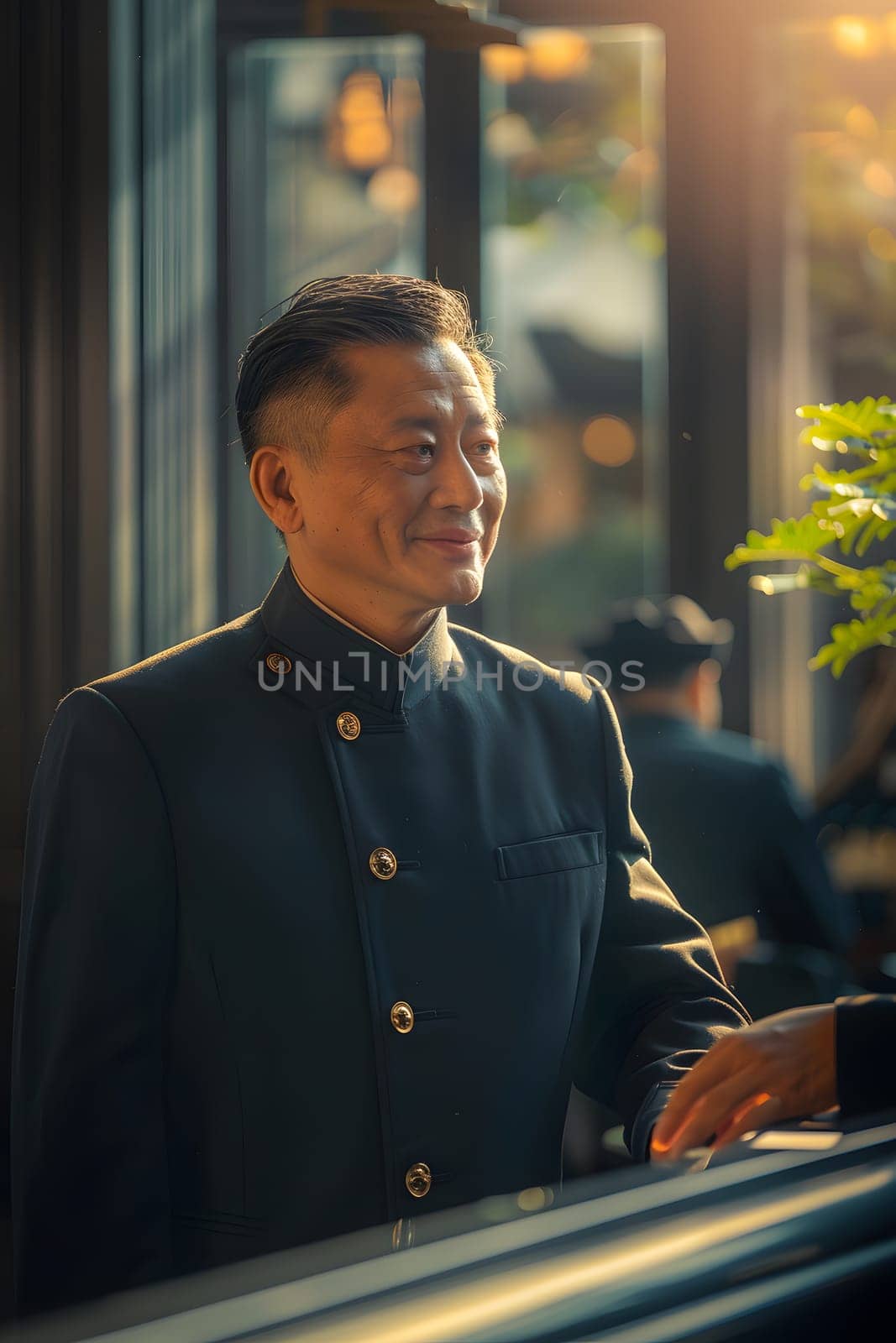 The receptionist stood with a sincere, confident smile in front of the hotel. It is the first thing that creates an impression on guests staying at this hotel which is the first basis of service work.