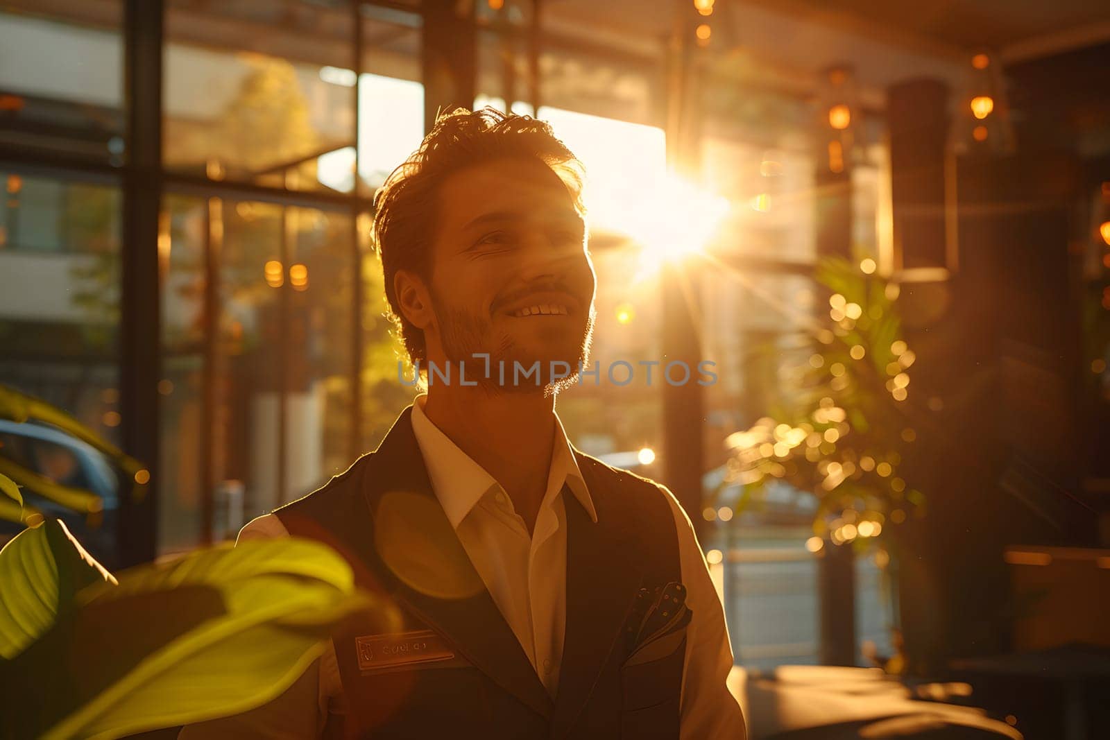 The receptionist stood with a sincere, confident smile in front of the hotel. It is the first thing that creates an impression on guests staying at this hotel which is the first basis of service work.