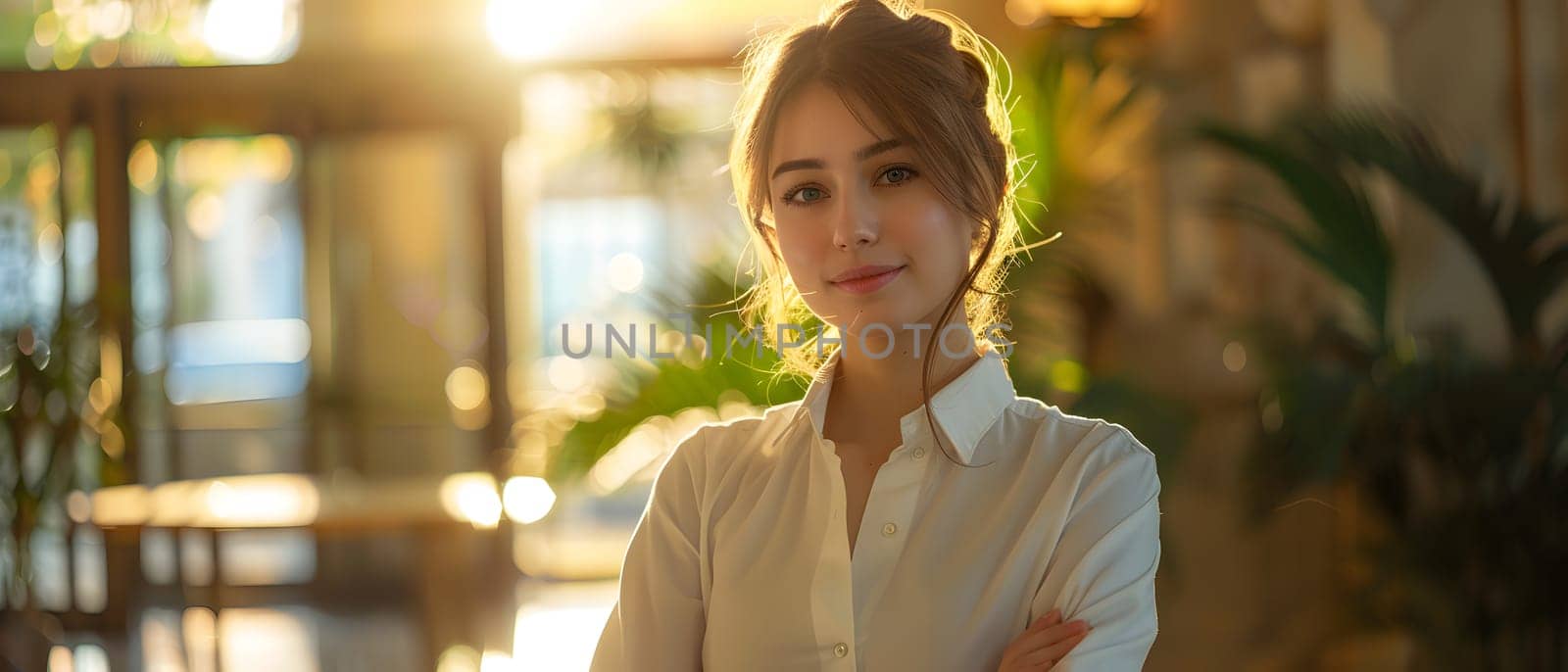 The receptionist stood with a sincere, confident smile in front of the hotel. It is the first thing that creates an impression on guests staying at this hotel which is the first basis of service work.