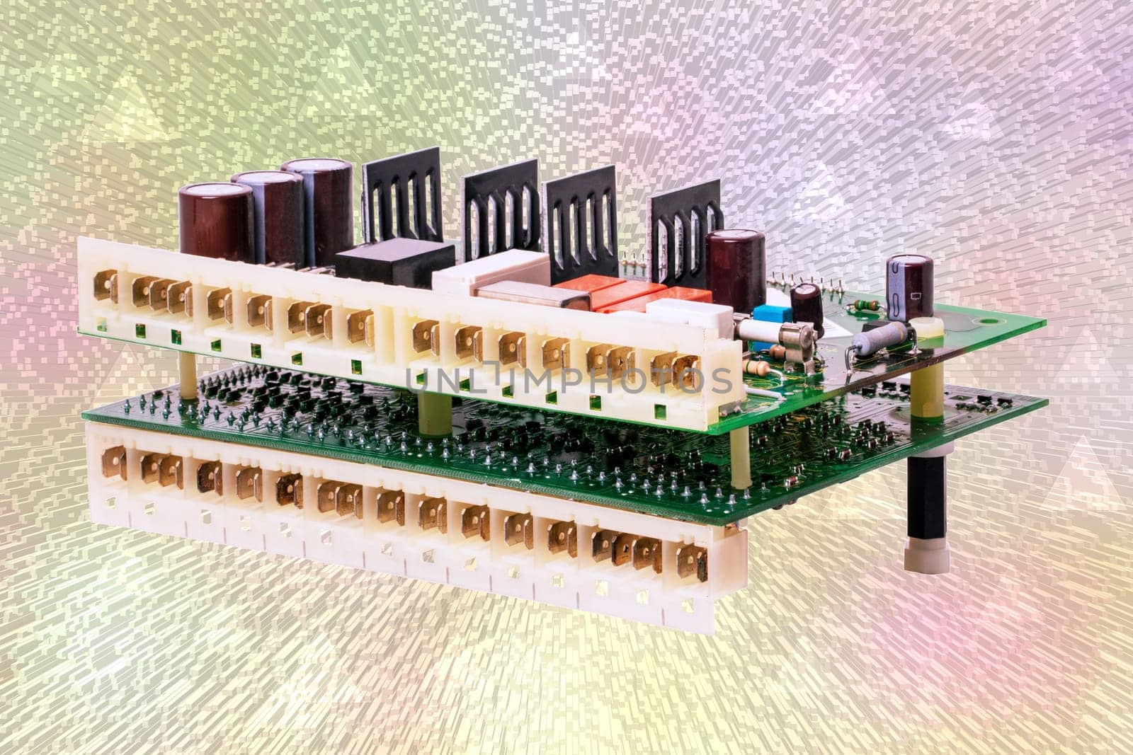 Gas boiler repair. Close-up of Control centre of a condensing gas heating system over abstract cube block pattern 3d raster background. Heat sink on circuit board.