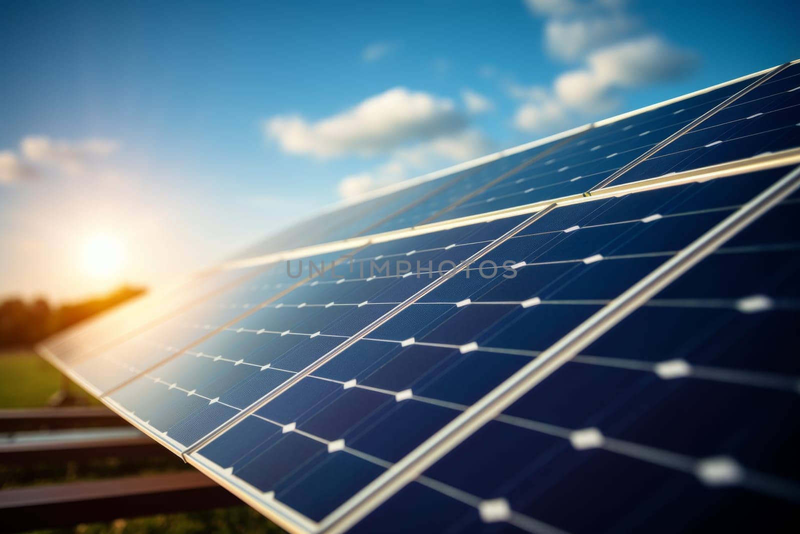 A close-up of a solar panel capturing the sun's energy on a clear day. Generative AI