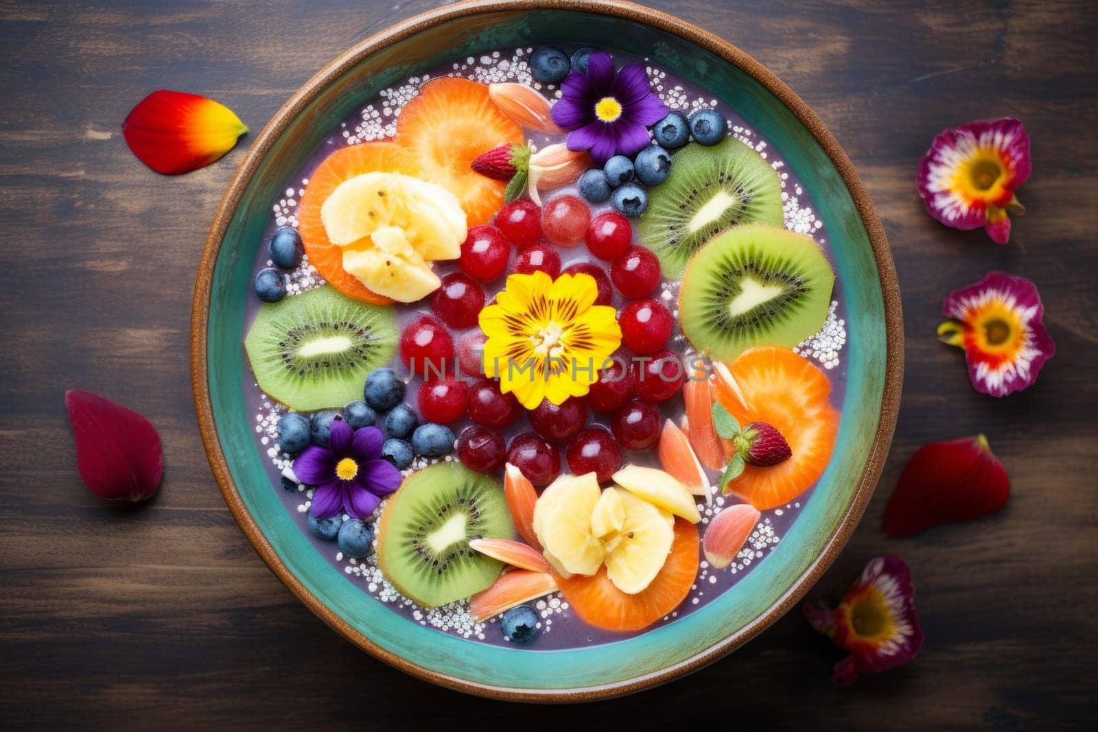 A colorful smoothie bowl with artistic fruit placement. Generative AI