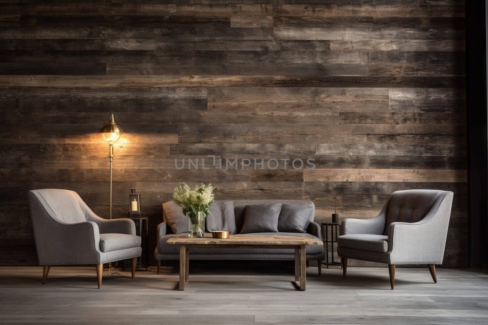 Weathered wood wall in a cozy interior. Generative AI