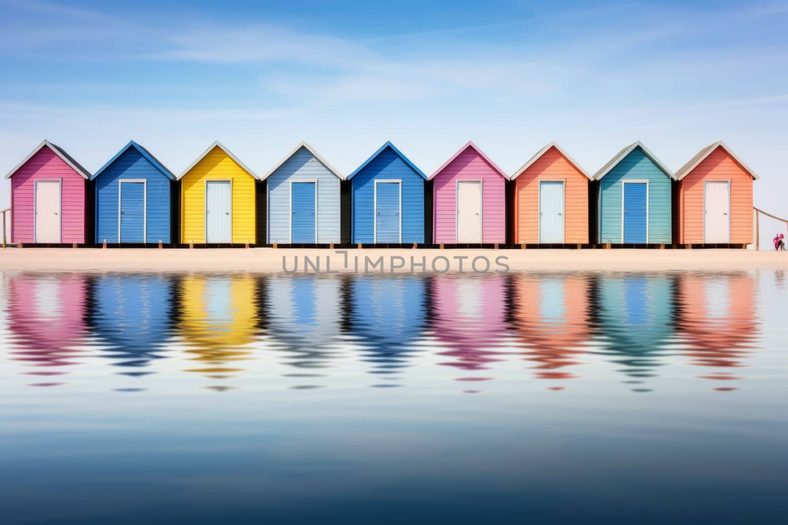 A symmetrical reflection of a row of colorful beach huts on a tranquil shoreline. Generative AI