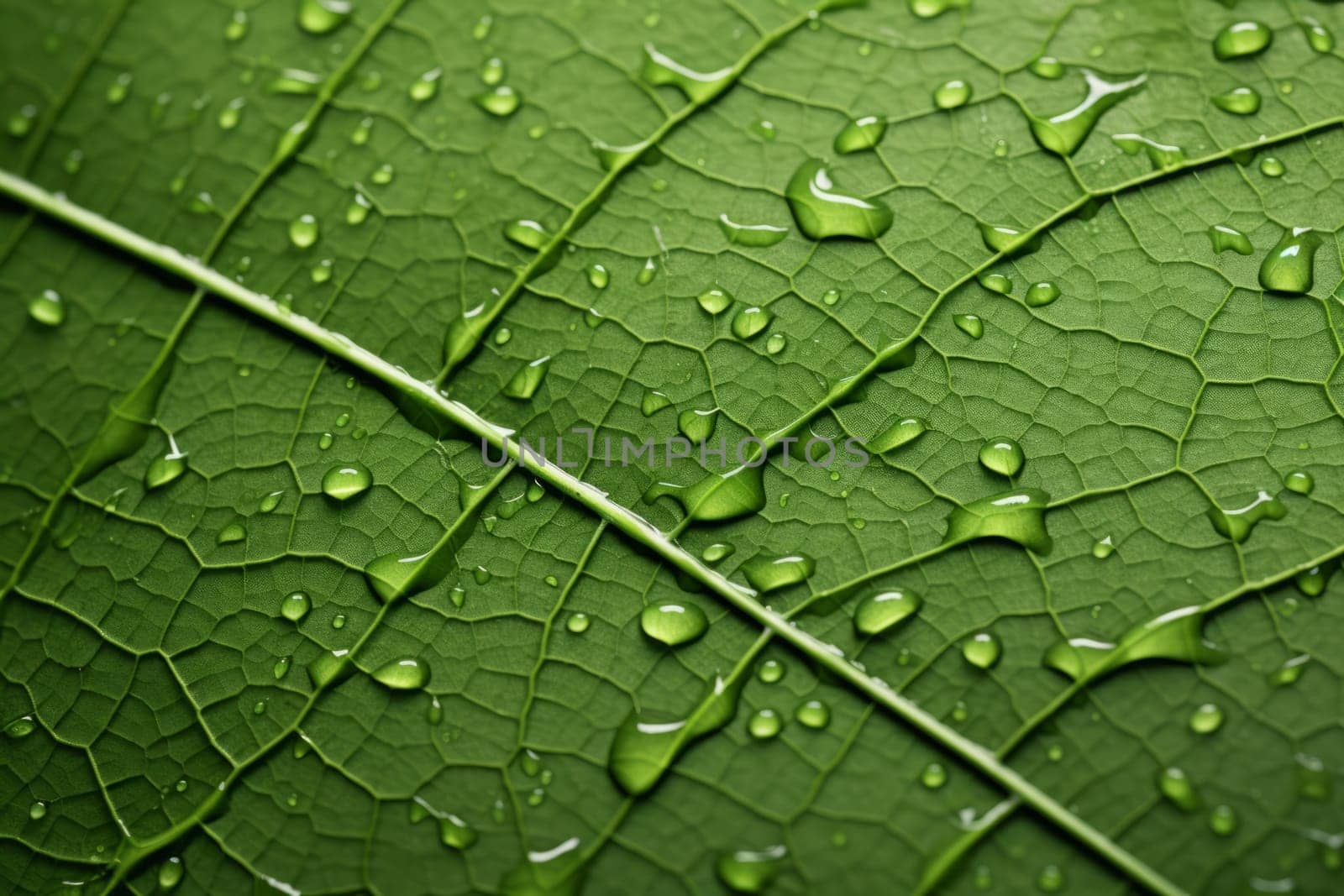 An extreme close-up of a rain-soaked leaf, revealing its veins. Generative AI