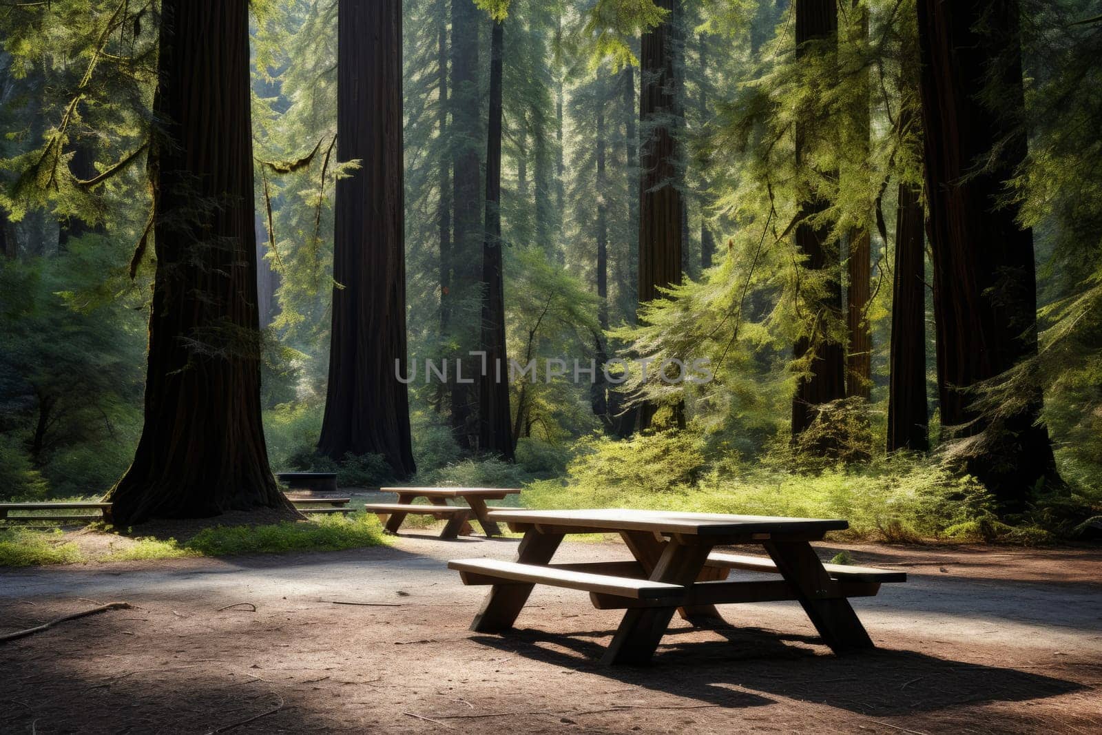 A wooden picnic table in a redwood forest. Generative AI