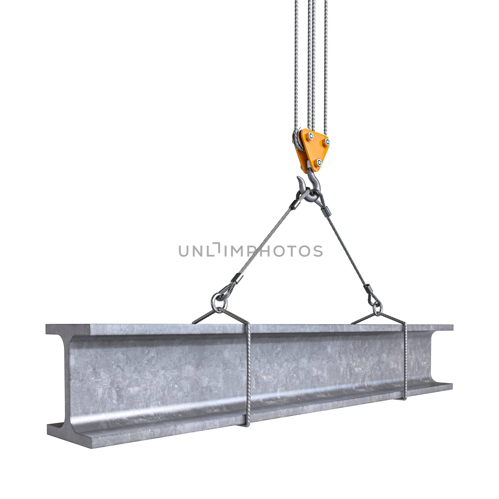 Detailed view of a crane lifting a steel i-beam against a white background. 3d render