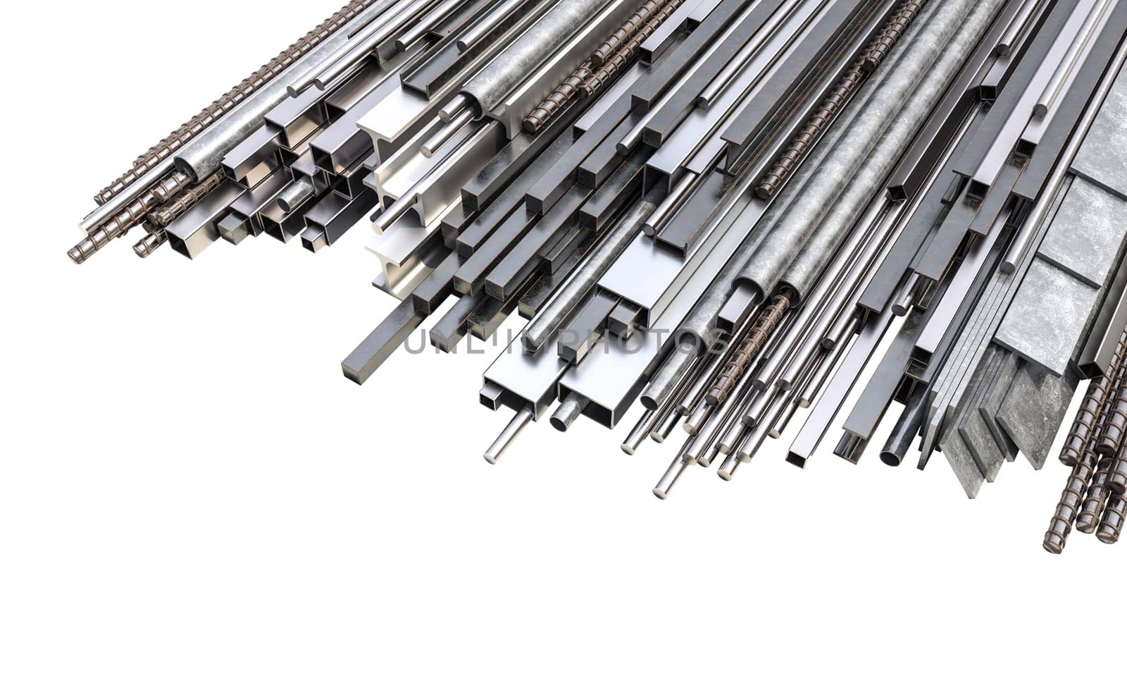A wide selection of assorted metal construction materials isolated on white. 3d render