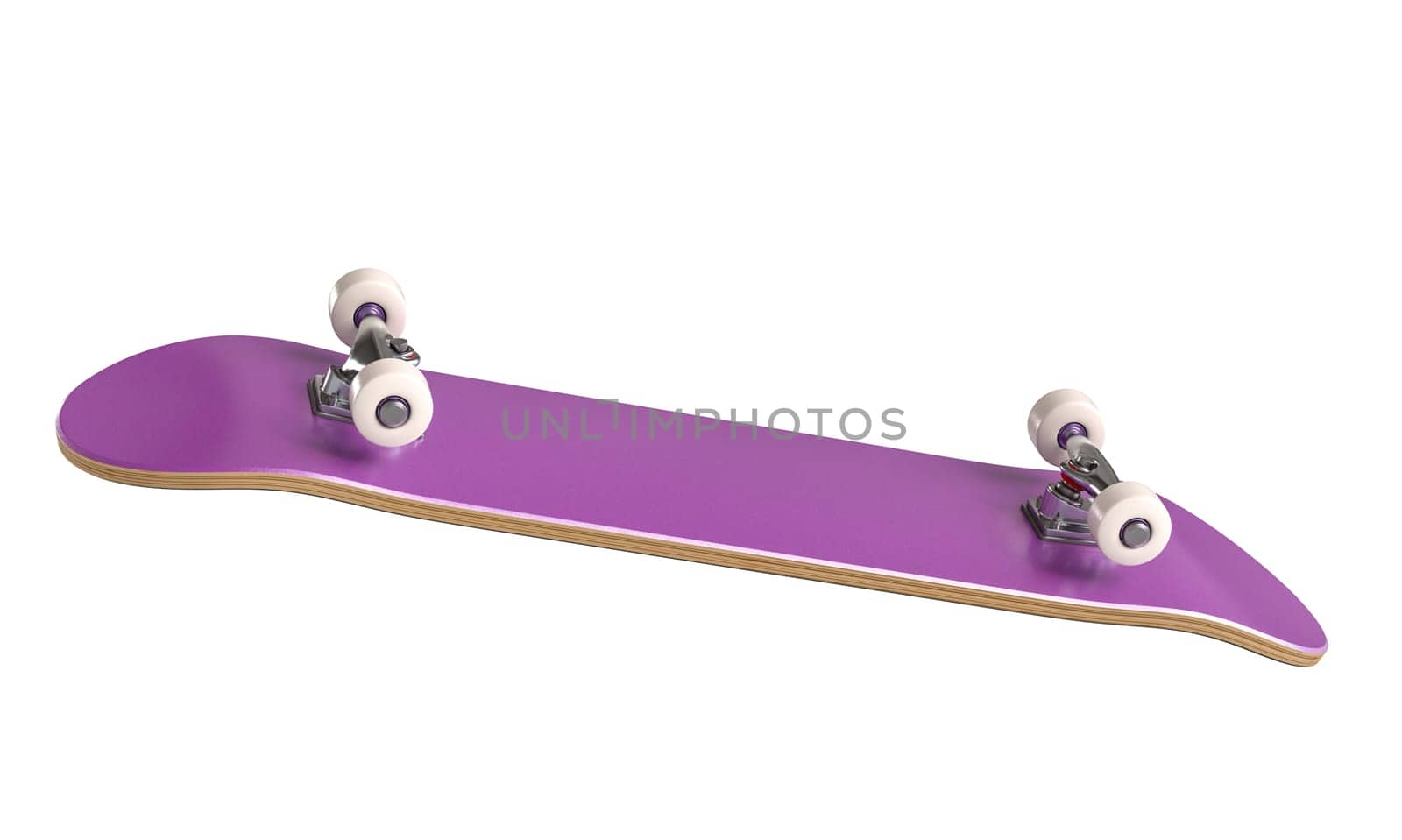 A vivid purple skateboard with white wheels on a white background, 3d render