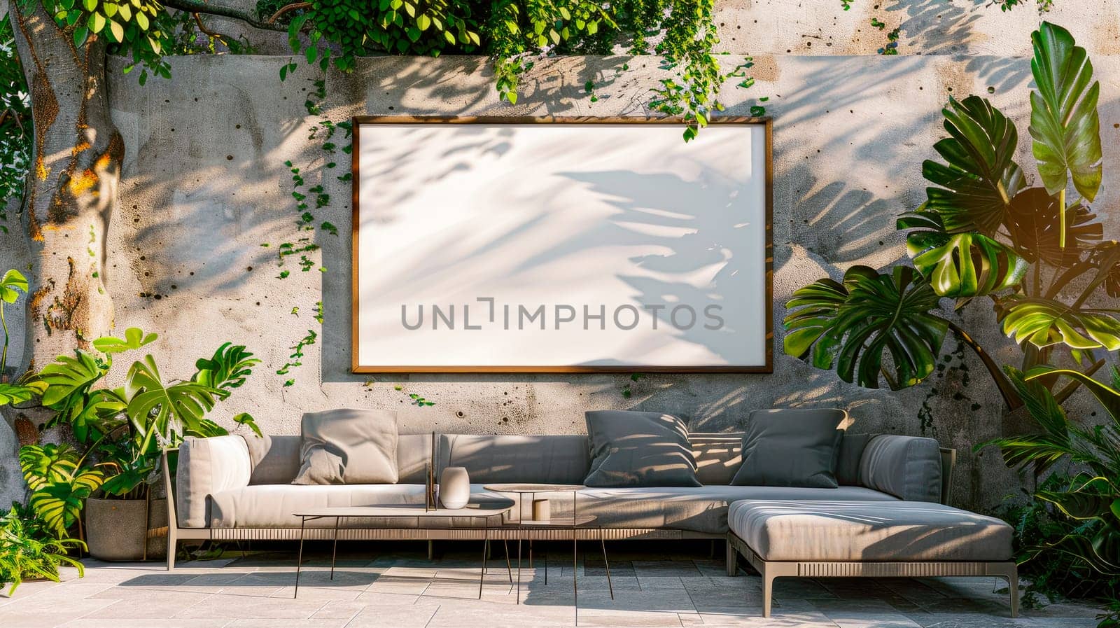 Terrace with bench sofa and a blank poster frame on a wall. Lounge area. AI generated