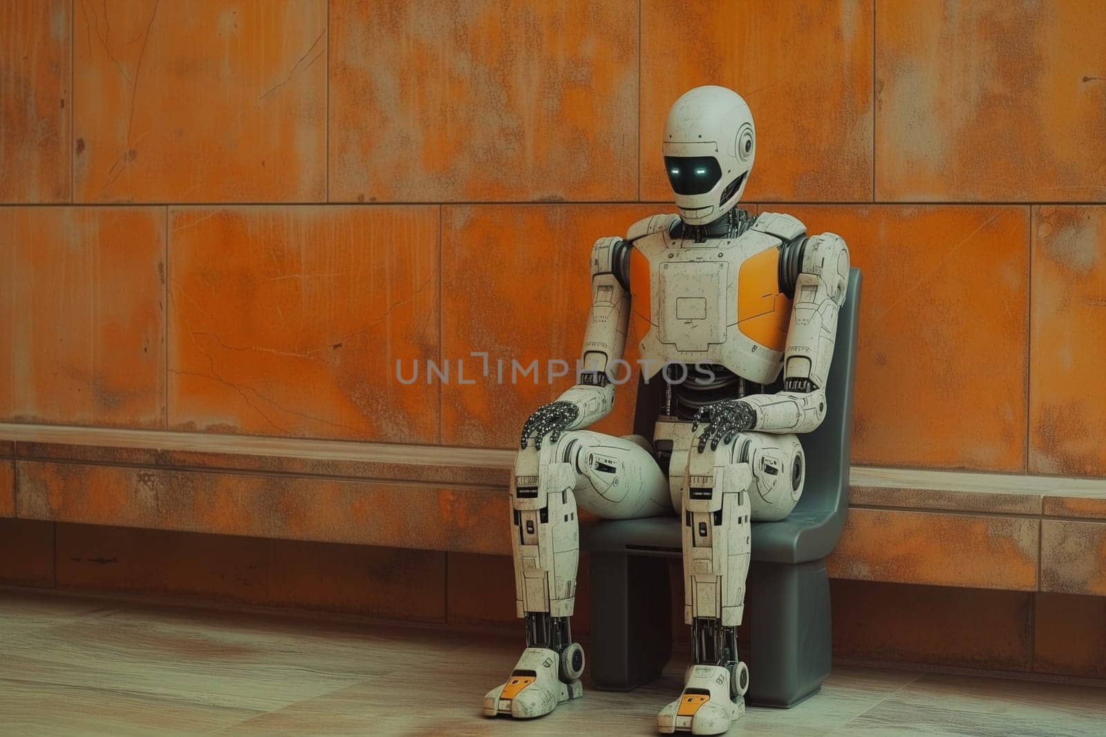 Robot recruiting for job, technology in competition with human resource, manpower against cyborg machine, replacement of worker