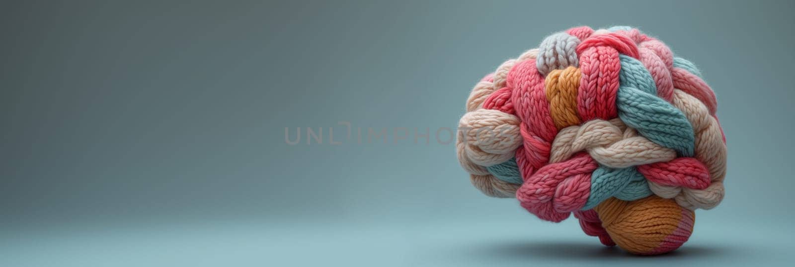 Human brain knitted with wool, self esteem and mental health concept, positive thinking, creative mind, consciousness