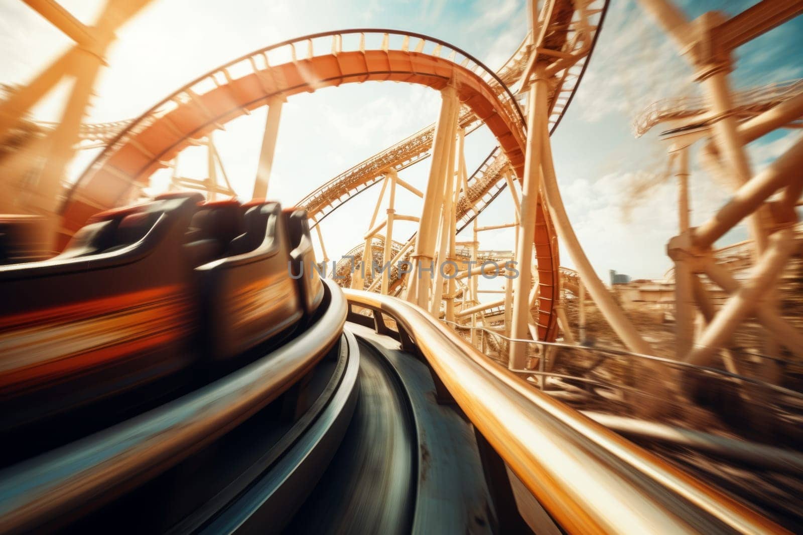 A dynamic shot of kinetic roller coasters speeding down steep drops. Generative AI