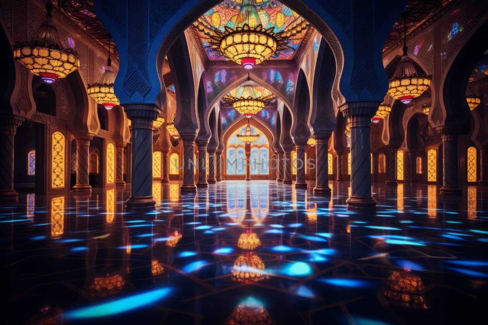 A mosque's interior beautifully decorated with lights. Generative AI