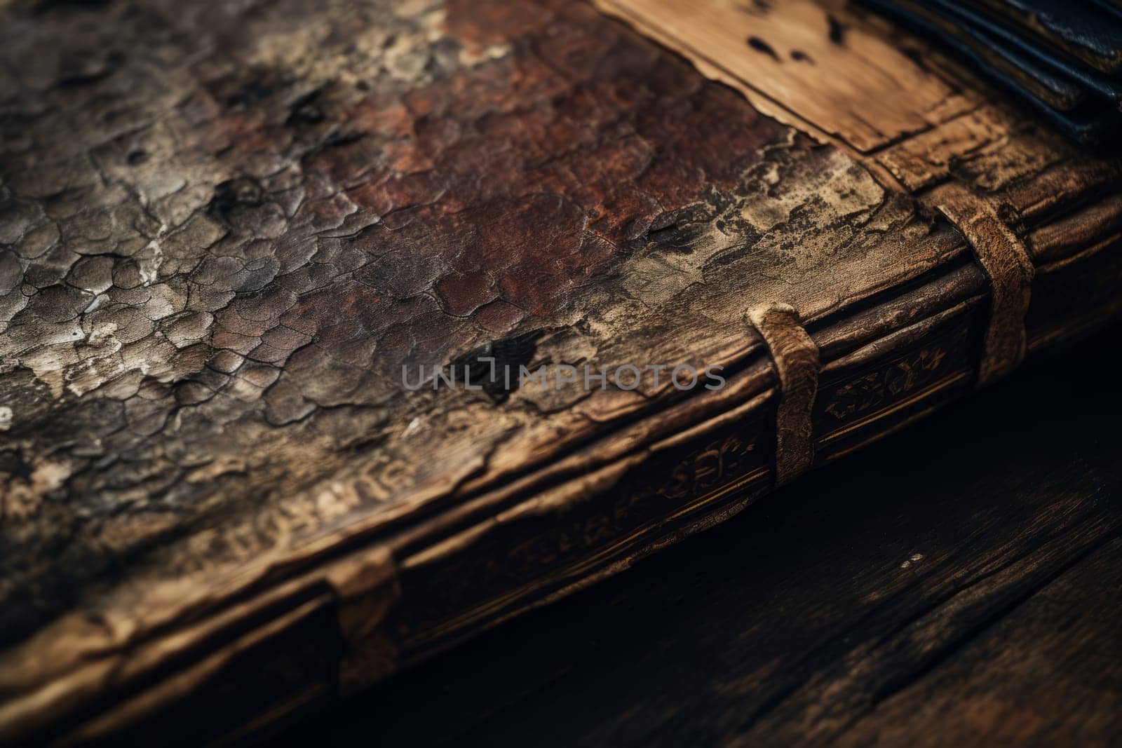 A detailed shot of the texture of an old, weathered book. Generative AI